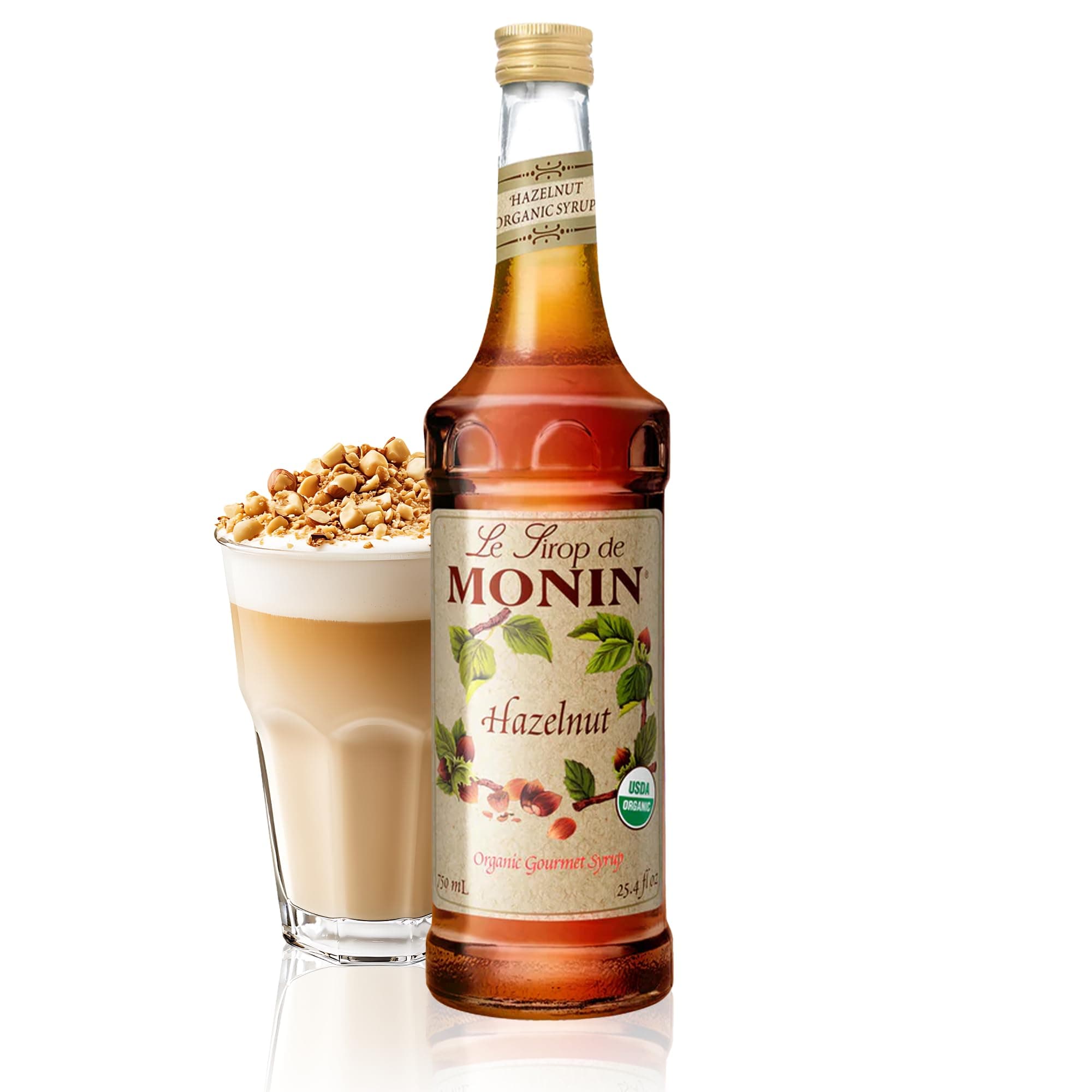 Monin - Organic Hazelnut Syrup, Nutty Taste of Caramelized Hazelnut, Natural Flavors, Great for Mochas, Lattes, Smoothies, Shakes, and Cocktails, Non-GMO, Gluten-Free (750 ml)