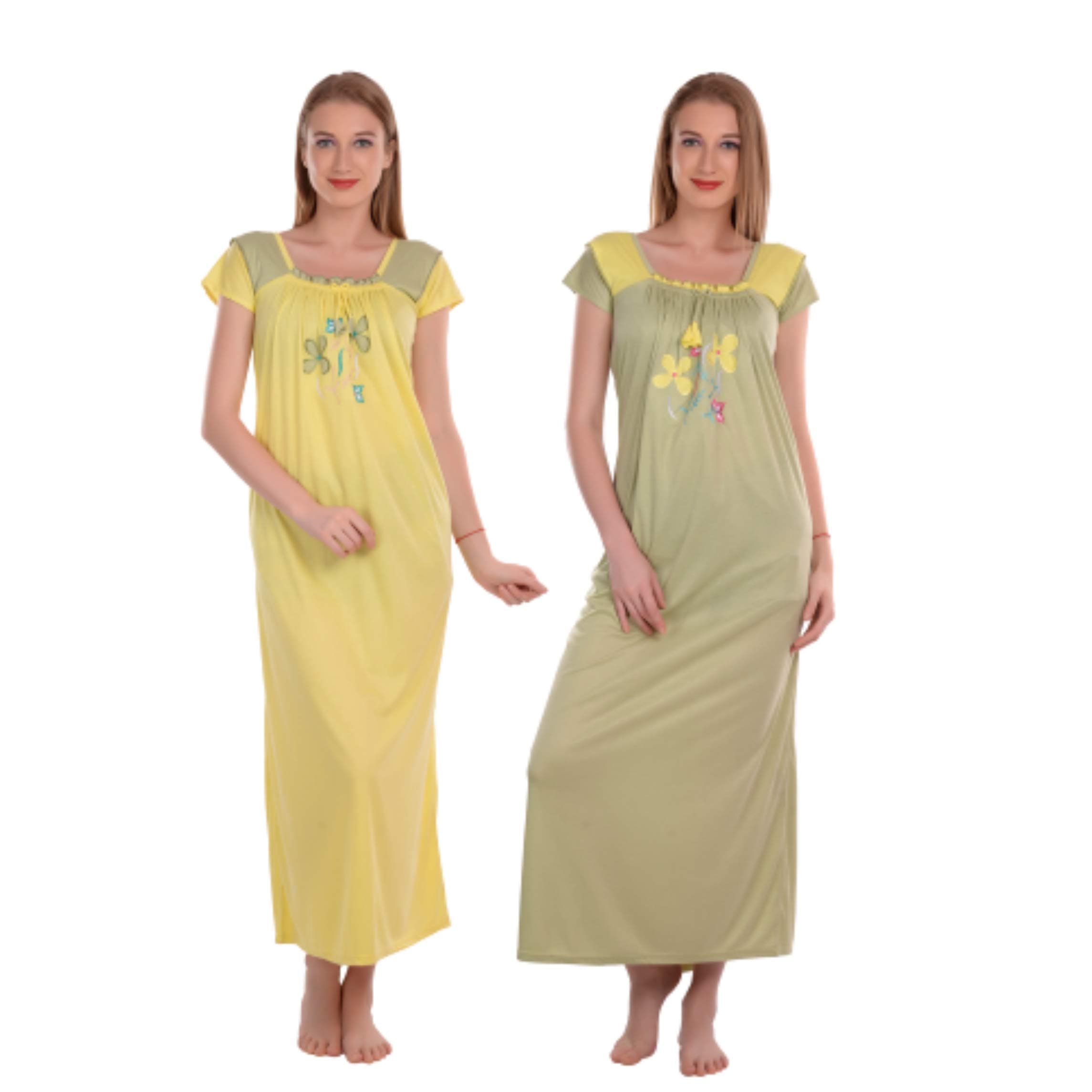 Women's Hosiery Floral Maxi Nighty (Yellow and Green, Free Size)