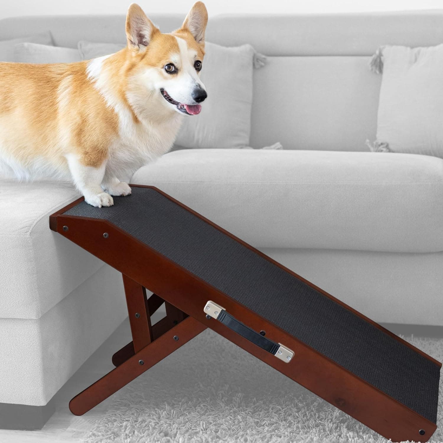 Dog ramp for Couch – Non-Slip, Sturdy Build Foldable Dog ramp – Supports up to 200lbs – Adjustable 7'' to 20'' – Landing Platform Seamlessly Connects – Birchwood Pet Ramp for Small Dogs – Walnut