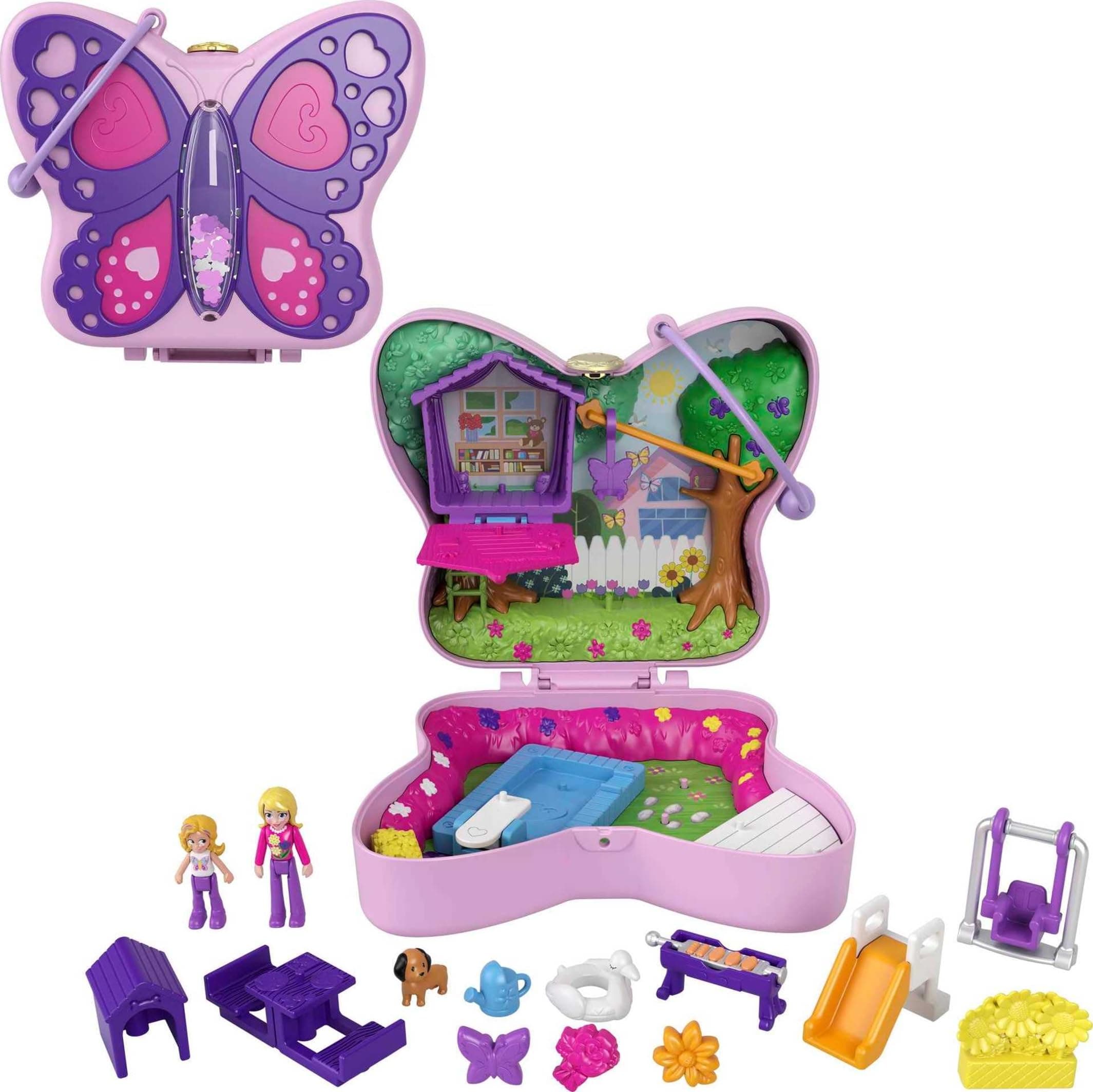 Polly Pocket Backyard Butterfly Compact, Outdoor Theme with Micro Polly Doll, Polly’s Mom Doll 5 Reveals & 12 Accessories, Pop & Swap Feature, Great Gift for Ages 4 Years Old & Up, GTN21