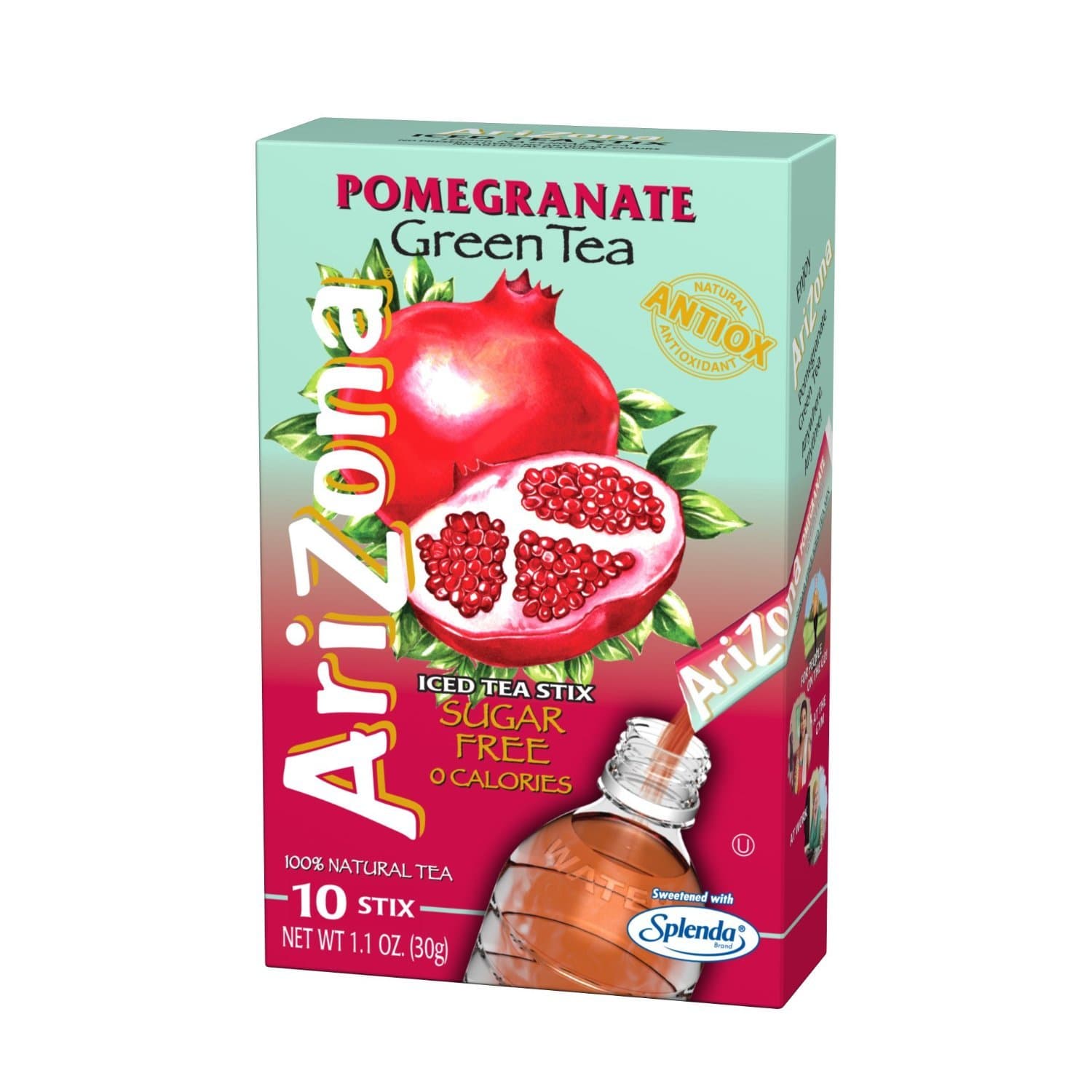 AriZona Pomegranate Green Tea Iced Tea Stix Sugar Free 1-Ounce (Pack of 10)