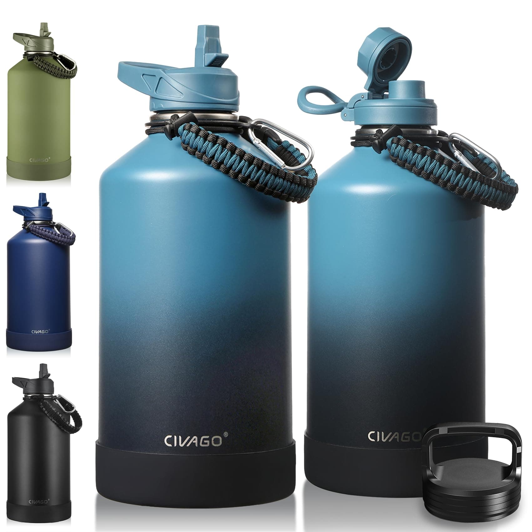 CIVAGO Gallon Insulated Water Bottle Jug with Straw, 128 oz Large Stainless Steel Water Flask, Big Metal Thermal Mug with 3 Lids for Sports, Travel, Gym, and Camping, Indigo Black