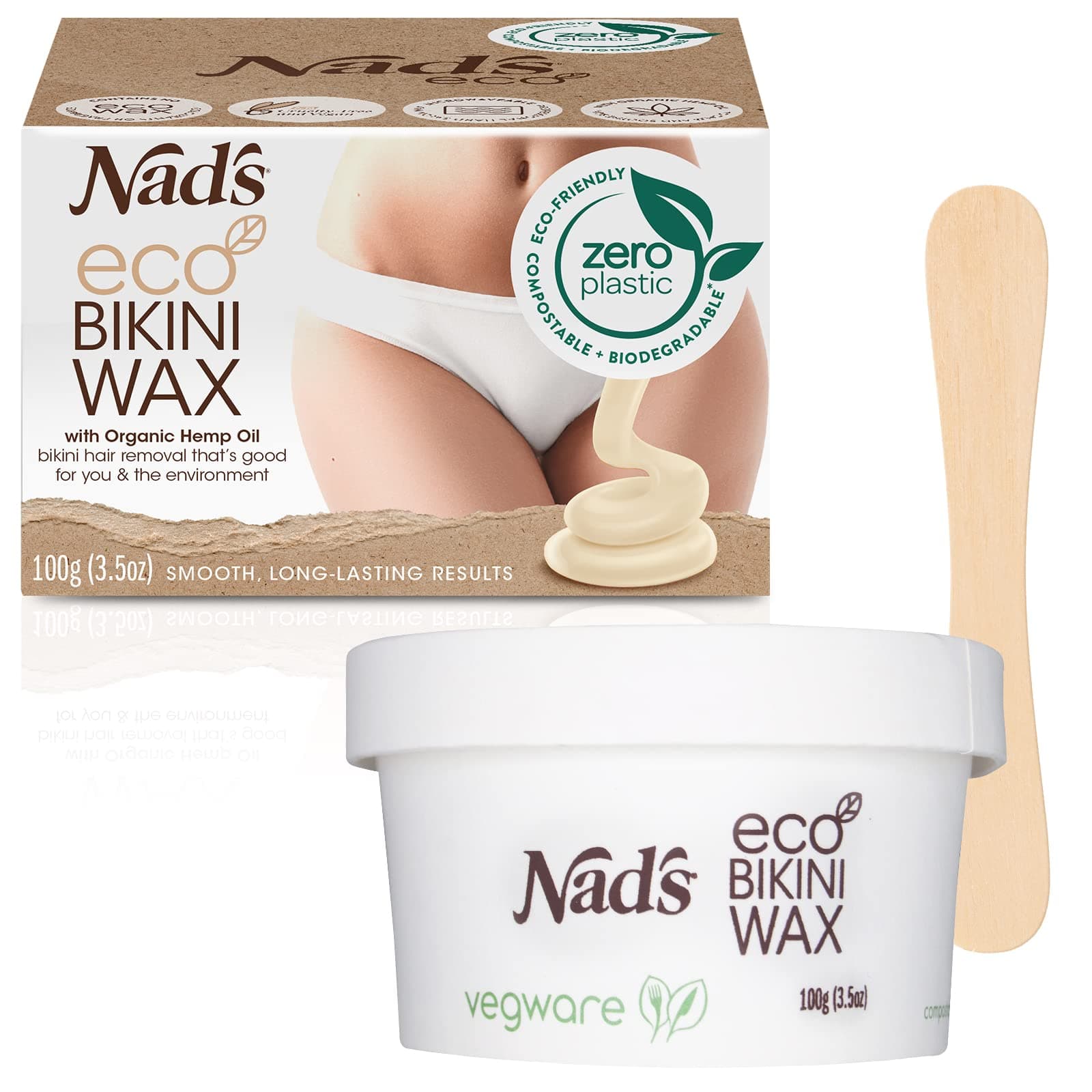 Nad's Eco Bikini Wax, Professional salon Quality Microwaveable Hard Stripless Wax, Plastic Free Vegan Wax, Brazilian Wax Kit, Includes 100g Eco Wax & 1 Wooden Spatula