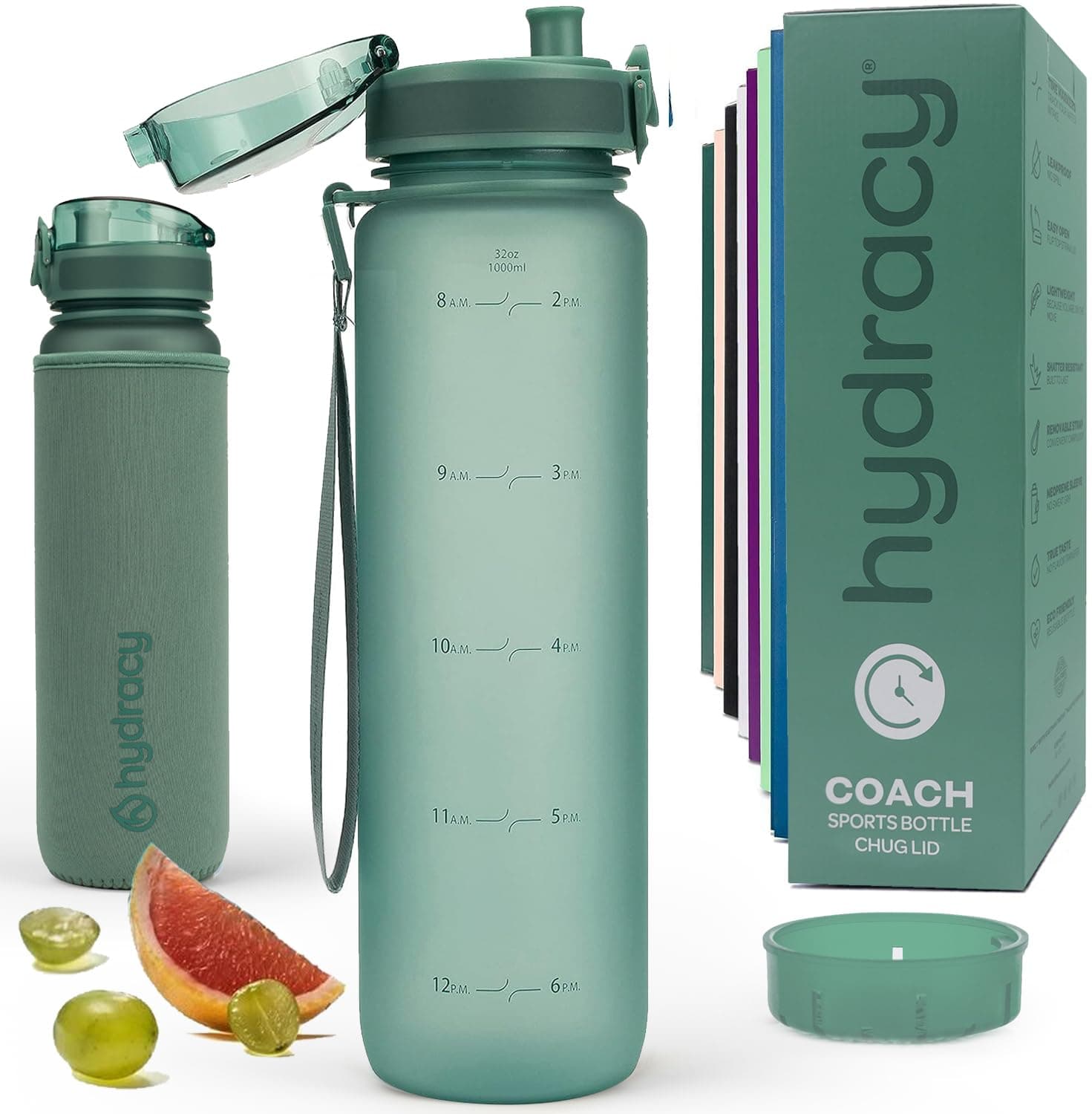 Hydracy Water Bottle with Time Marker -Large BPA Free Water Bottle & No Sweat Sleeve -Leak Proof Gym Bottle with Fruit Infuser Strainer & Times to Drink -Ideal for Fitness Sports & Outdoors