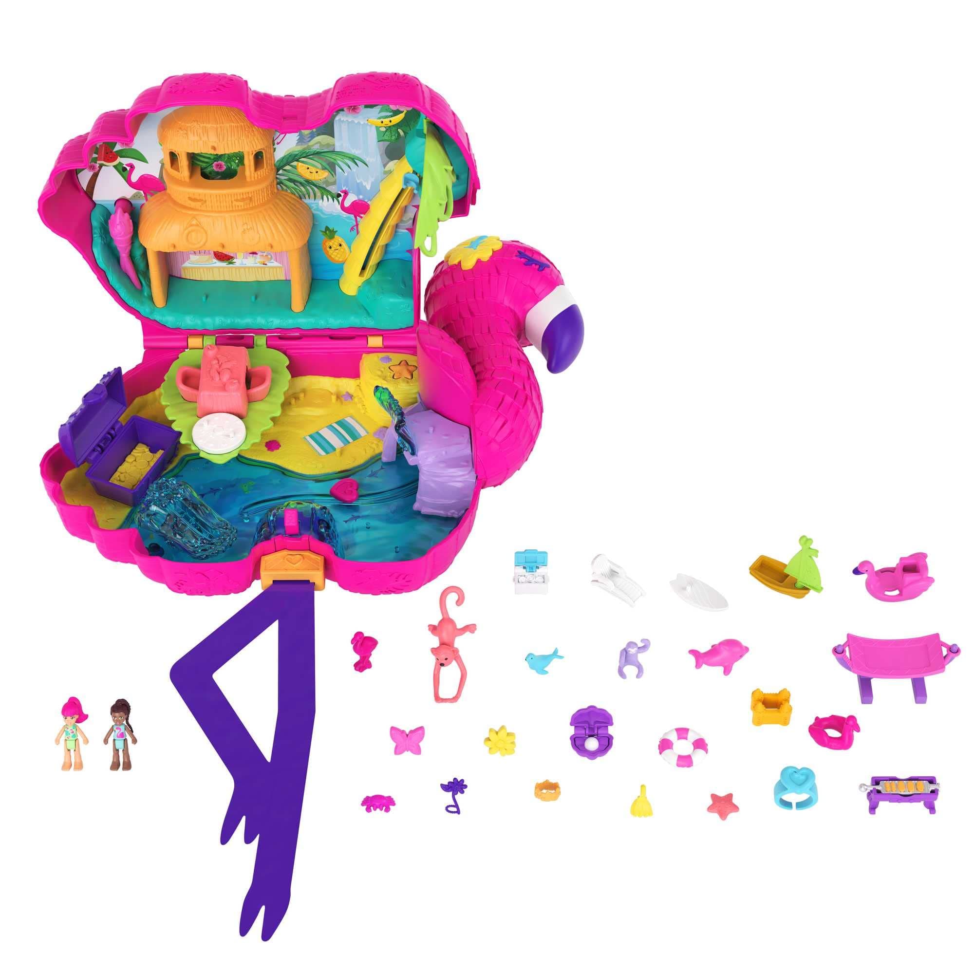 Polly Pocket Travel Toy, Flamingo Party Playset with 2 Micro Dolls and 26 Surprise Accessories, Animal Toy, Compact