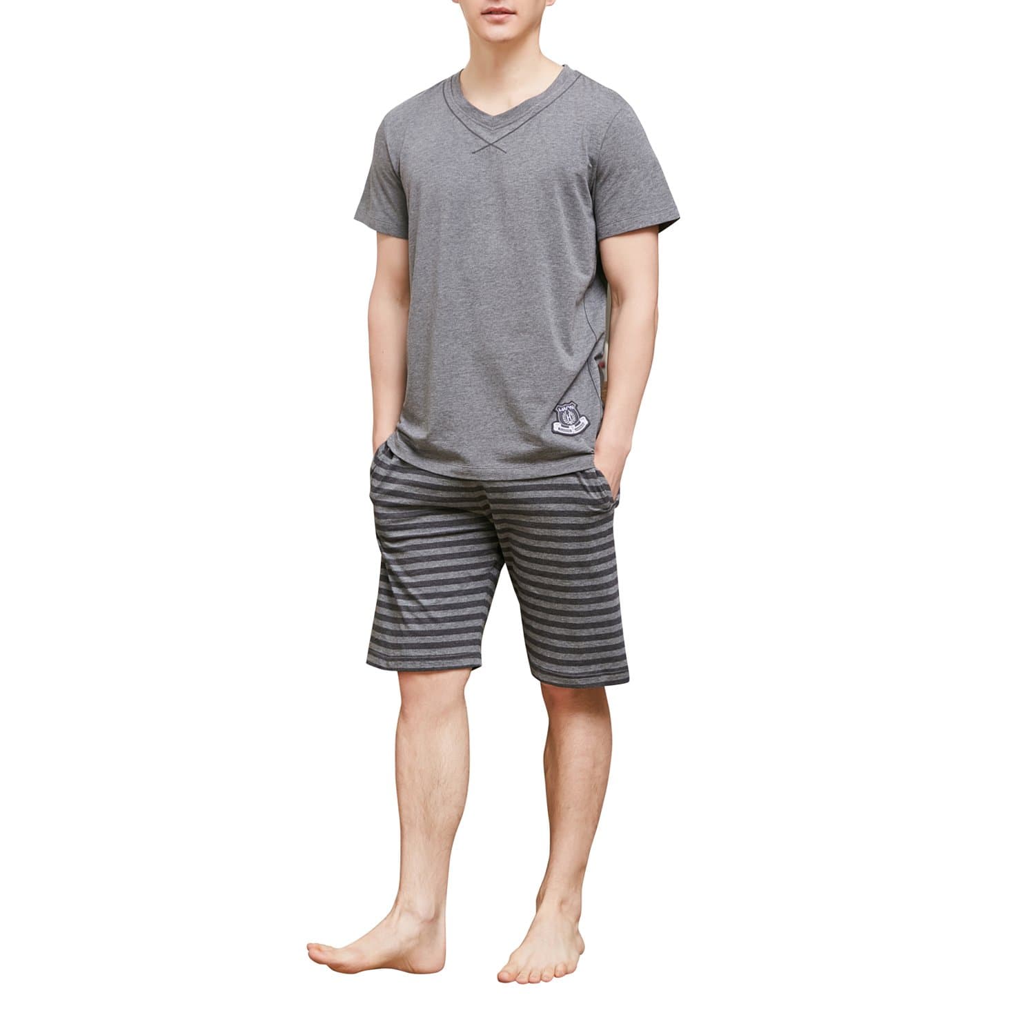 HACAI Men's Pajama Set Soft Cotton Short Sleeve Summer Sleepwear