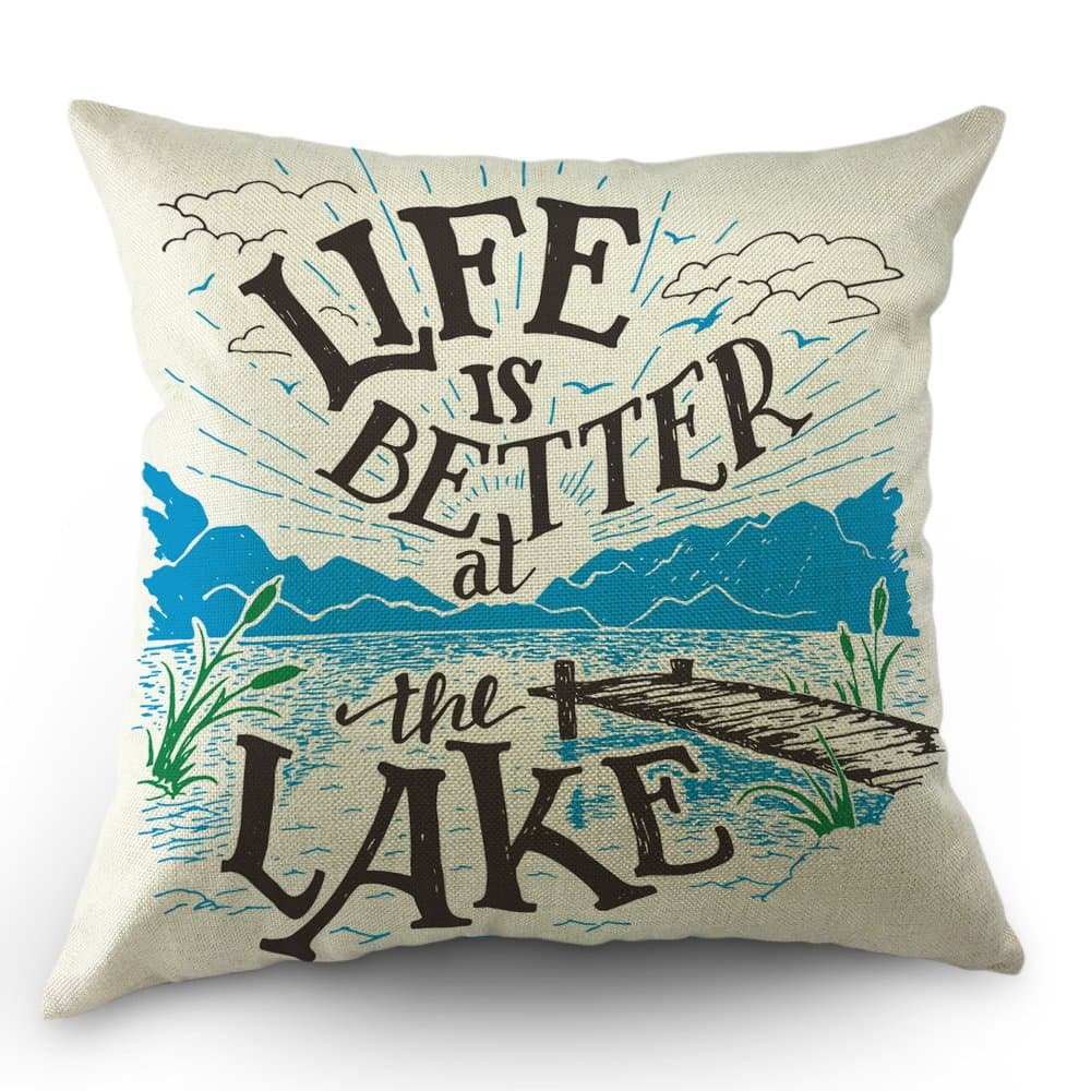 Moslion Lake Throw Pillow Cover Lake Quote Mountains Cloud Bridge Cotton Linen Decorative Pillow Case 18 x 18 Inch Standard Square Cushion Cover for Sofa Bedroom Men Women Blue Black White