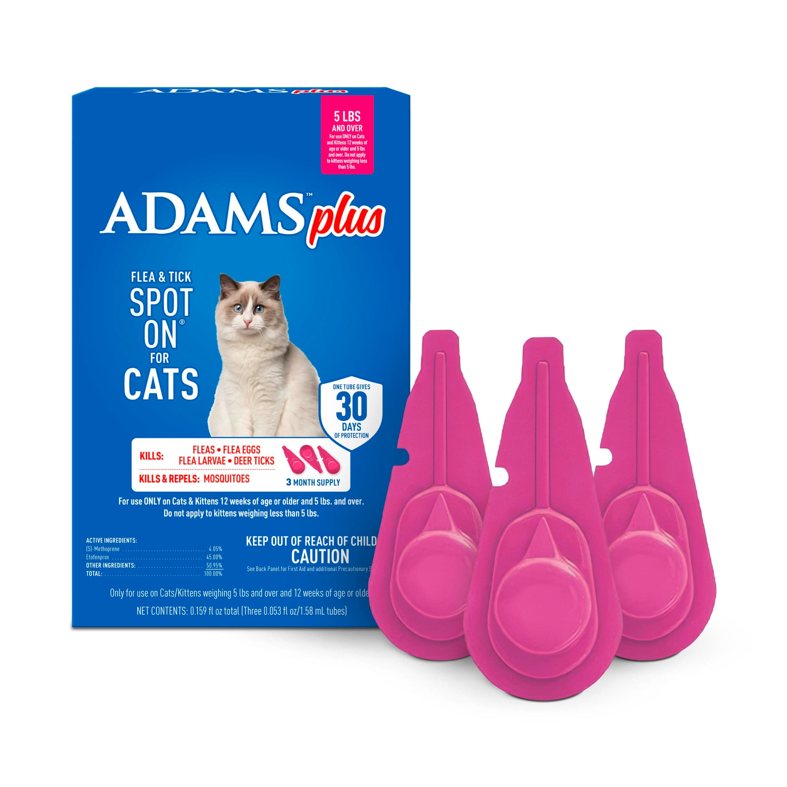 Adams Plus Flea & Tick Spot On Treatment for Cats & Kittens, Over 2.5 lb but Under 5 lbs, 3 Month Supply