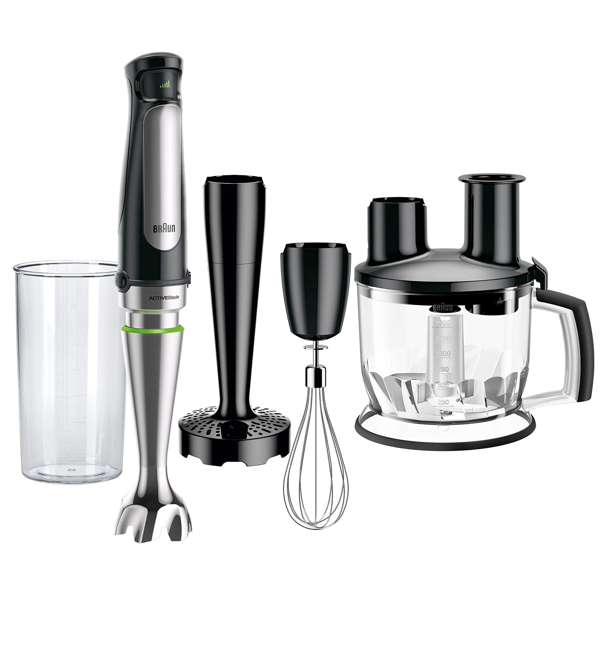 4-in-1 Immersion Hand Blender, Powerful 500W Stainless Steel Stick Blender, Variable Speed + 6-Cup Food Processor, Whisk, Beaker, Masher, Finer Blending, MultiQuick MQ7077
