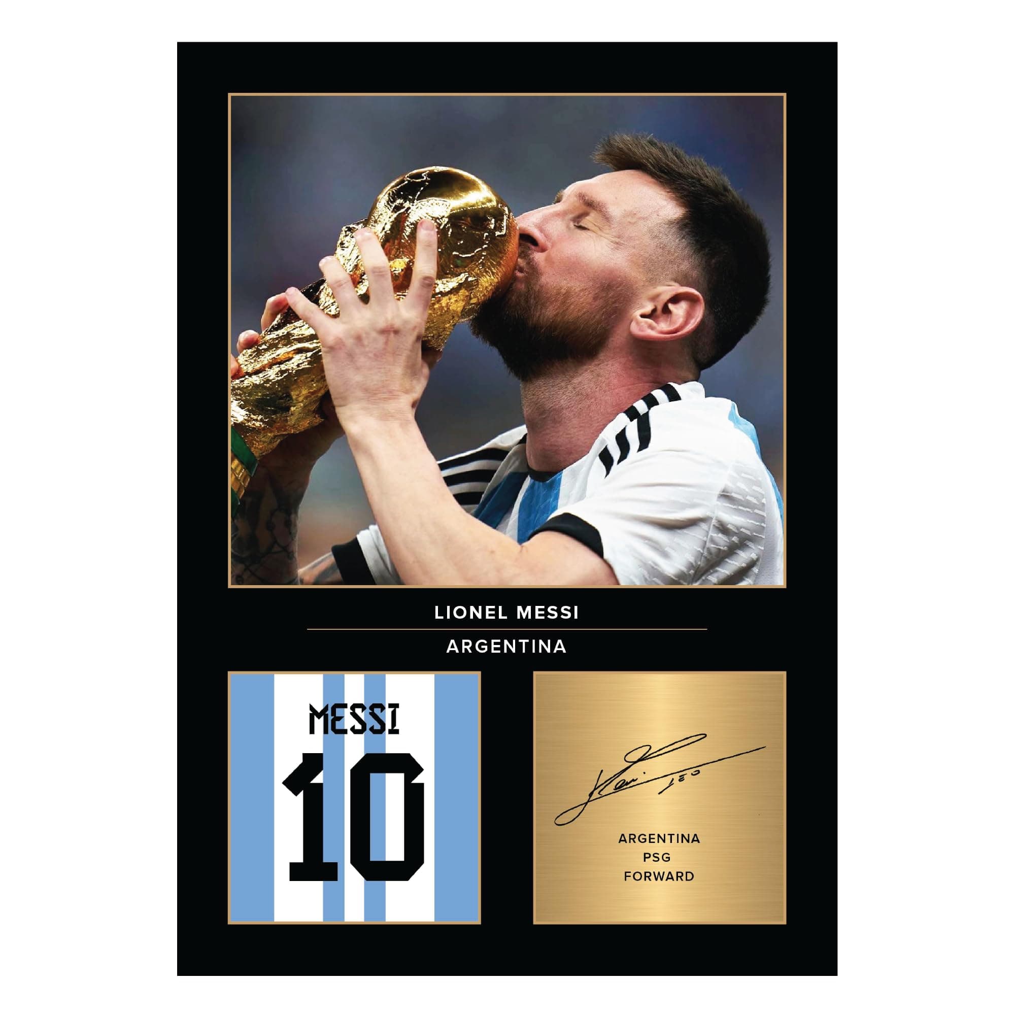 Icons Wall Art – Lionel Messi World Cup A4 Printed Photo Display – Digitally Reproduced Signature – Football/Soccer Fan Gift – Unframed Argentina Memorabilia Poster