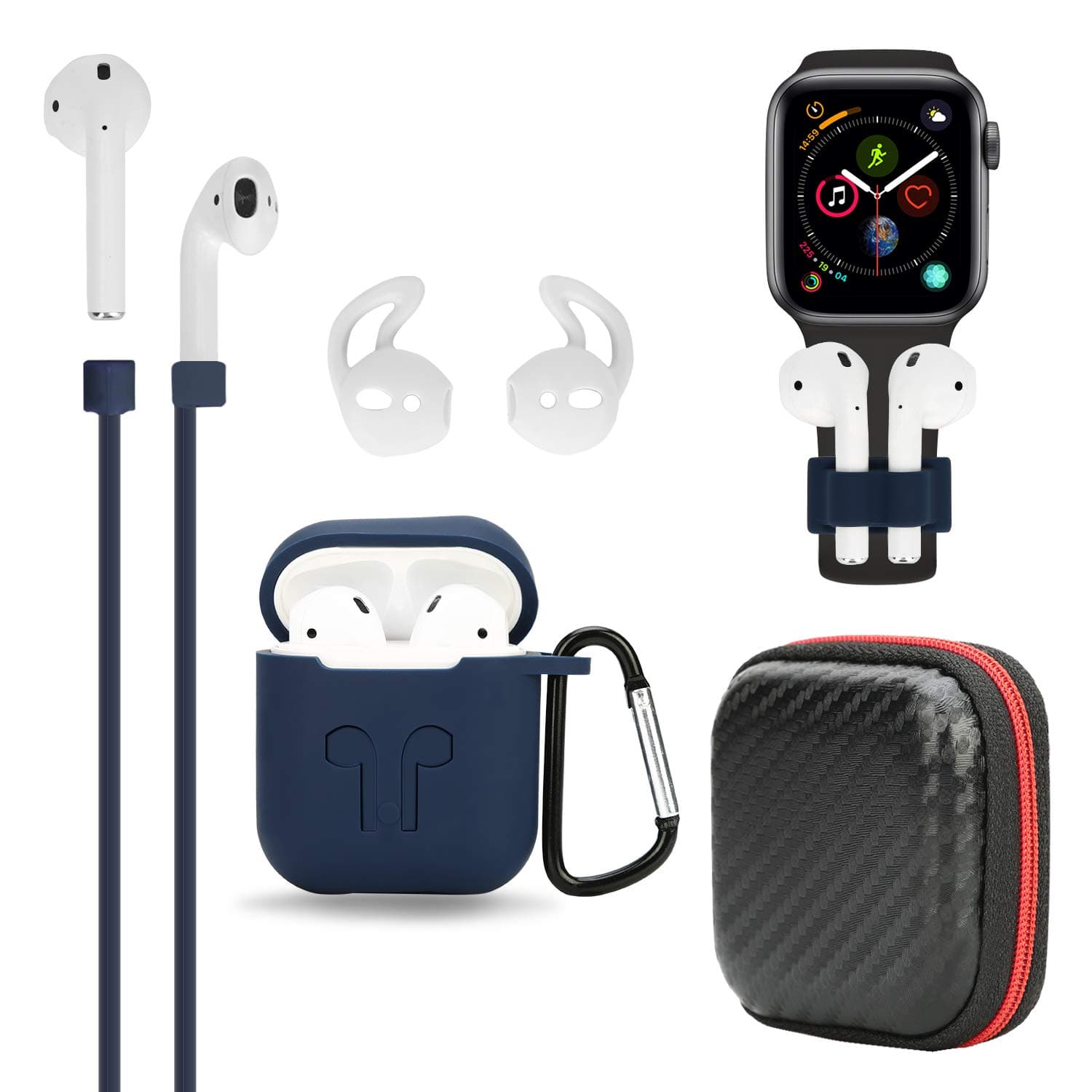 Airpods Case, BZseed Airpods Accessories Set Protective Silicone Cover and Skin Charging Case for Apple Airpod, Silicone Cover/Airpods Strap/Airpods Ear Hook/Hardshell Travel Case/Keychain (Deep Blue)