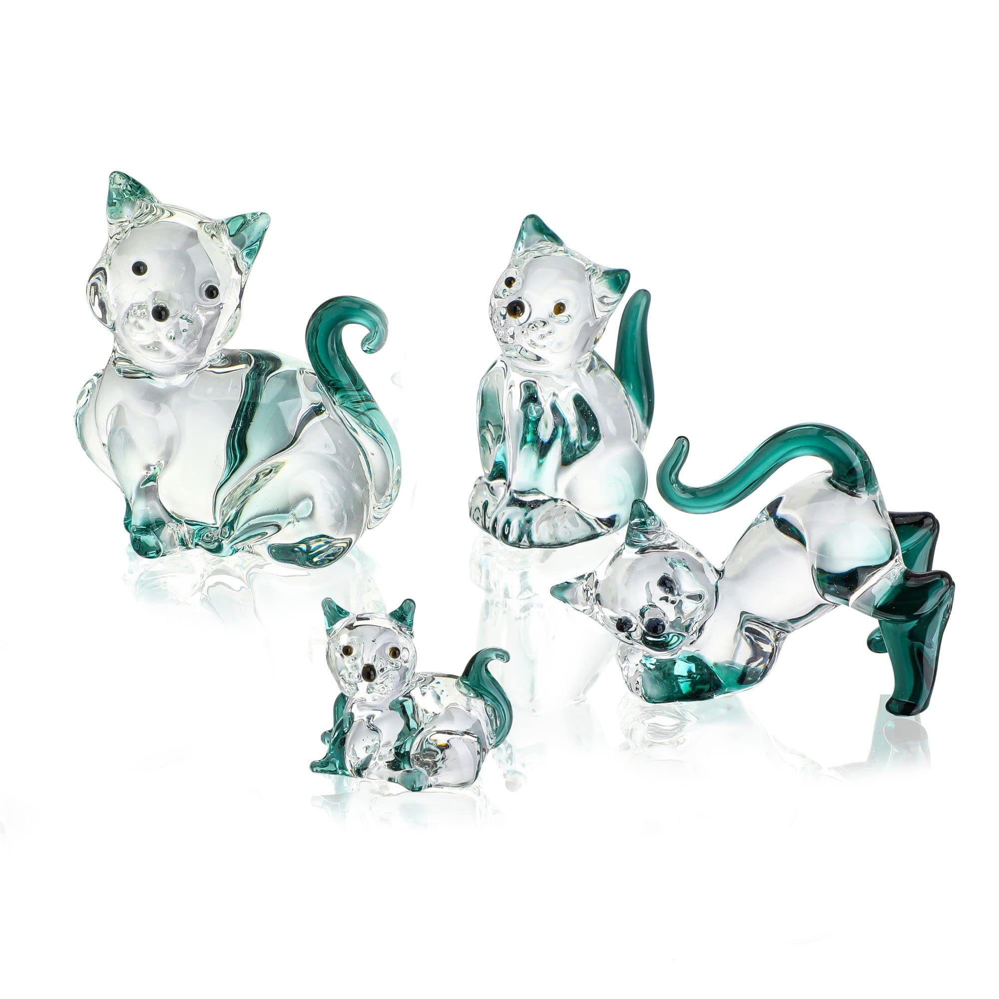 HDCRYSTALGIFTS 2'' Blown Glass Cat Figurines Collectibles Pack of 4 Emerald Green Crystal Kitty Animal Statue Kitten Sculpture for Home Decor Gift for Cat Lovers