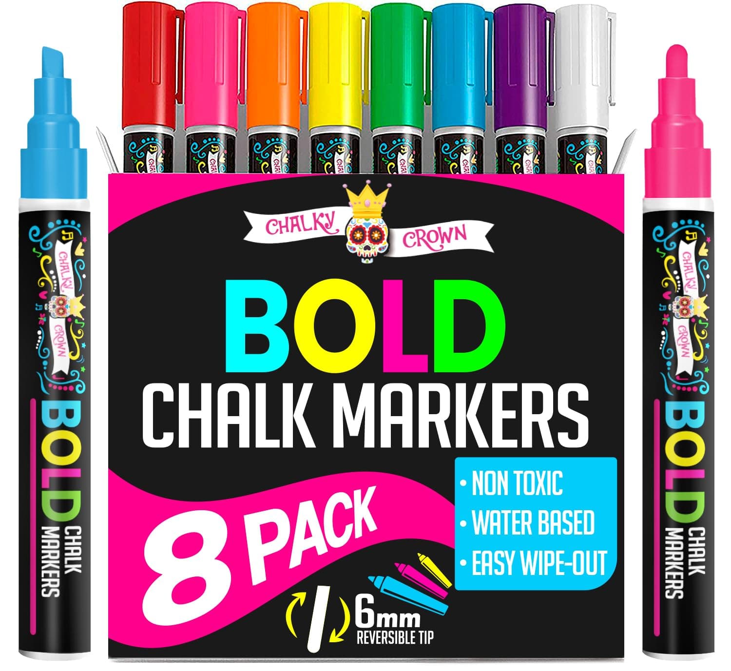 Bold Chalk Markers - Dry Erase Marker Pens - Liquid Chalk Markers for Chalkboards, Signs, Windows, Blackboard, Glass, Mirrors - Chalkboard Marker with Reversible Tip (8 Pack) - (Multicolored, 6mm)