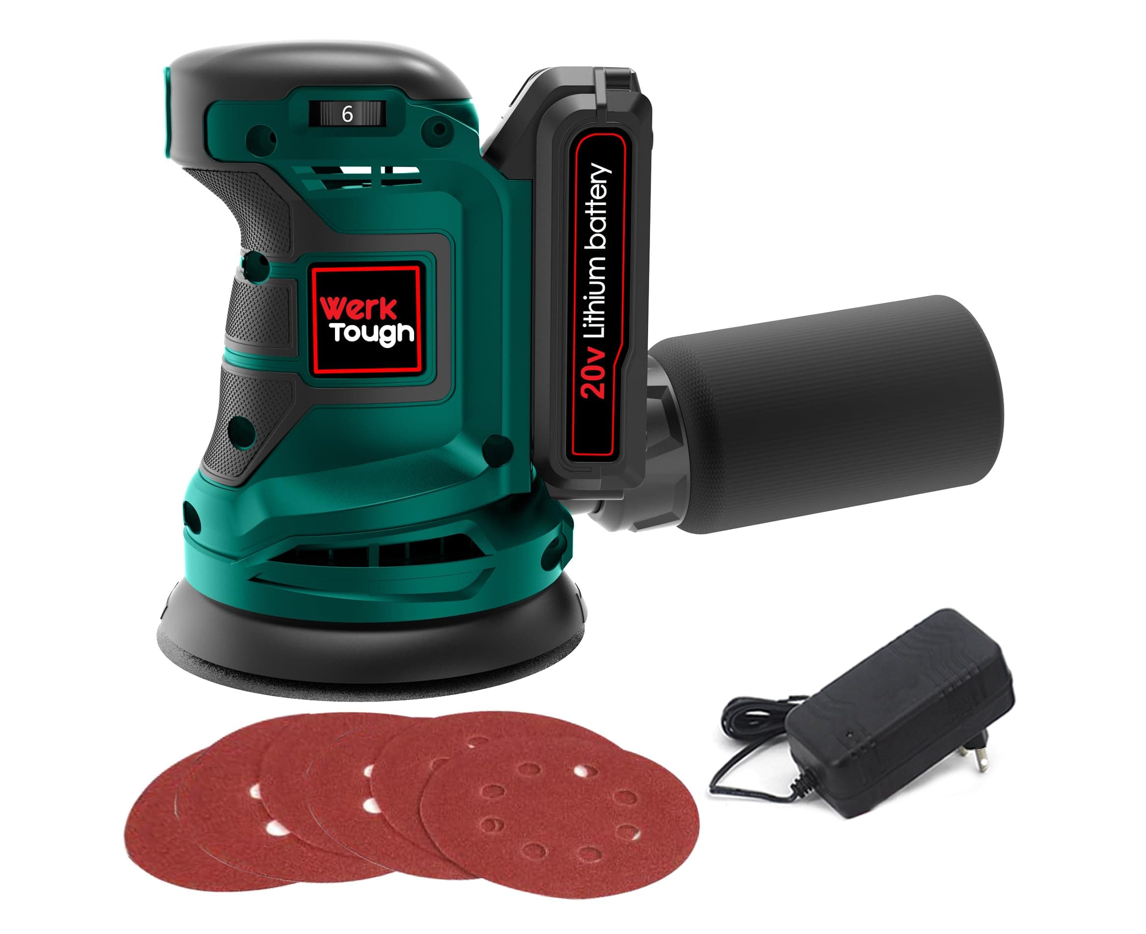 Wertough SA002 20v Cordless Random Orbital Sander 6-Step Speed with 2.0A Battery and Fast Charger 1pcs 125 Sander Wheel and 6pcs 125mm Sander Paper with dust Bag Green