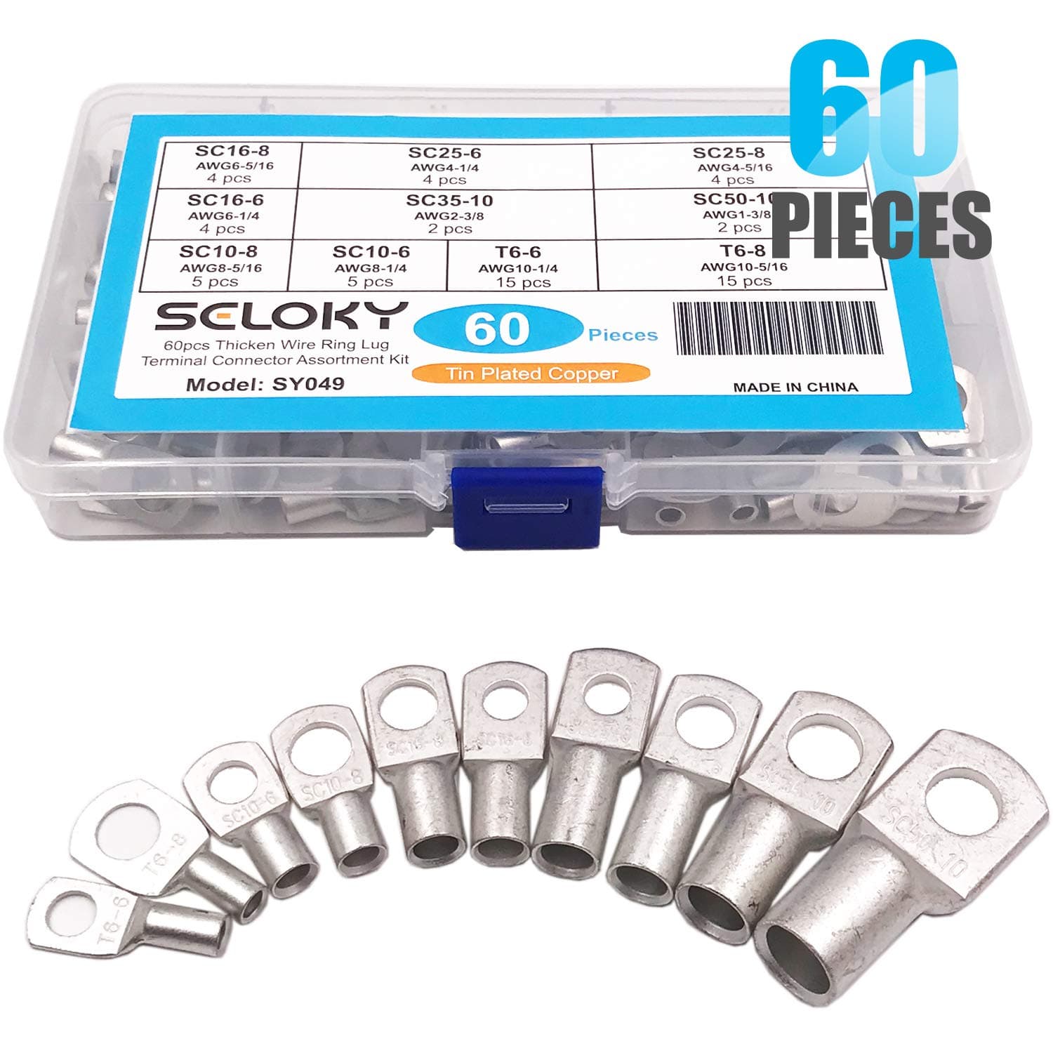 Seloky 60pcs Wire terminals Connector Cable lugs Battery SC Terminals Glimpse of Mouth,Bolt Hole Tinned Copper Terminals Set(Thick Type)