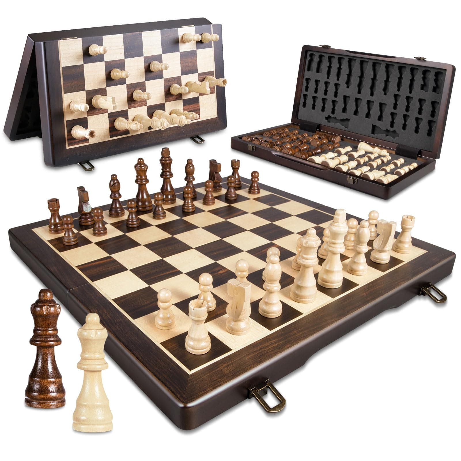 Magnetic Wooden Chess Set for Adults Kids,15" Folding Chess Board with Wood Texture 2 Extra Queens - Handmade Pieces Travel Board Games for Professional Beginner