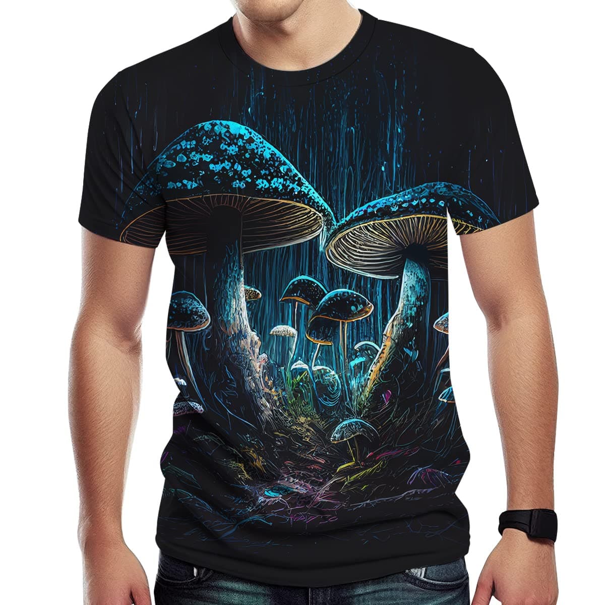 TiwBskiMen's Colorful Fluorescence Mushroom Print Short Sleeve T-Shirt Novelty Graphic Tee Shirts