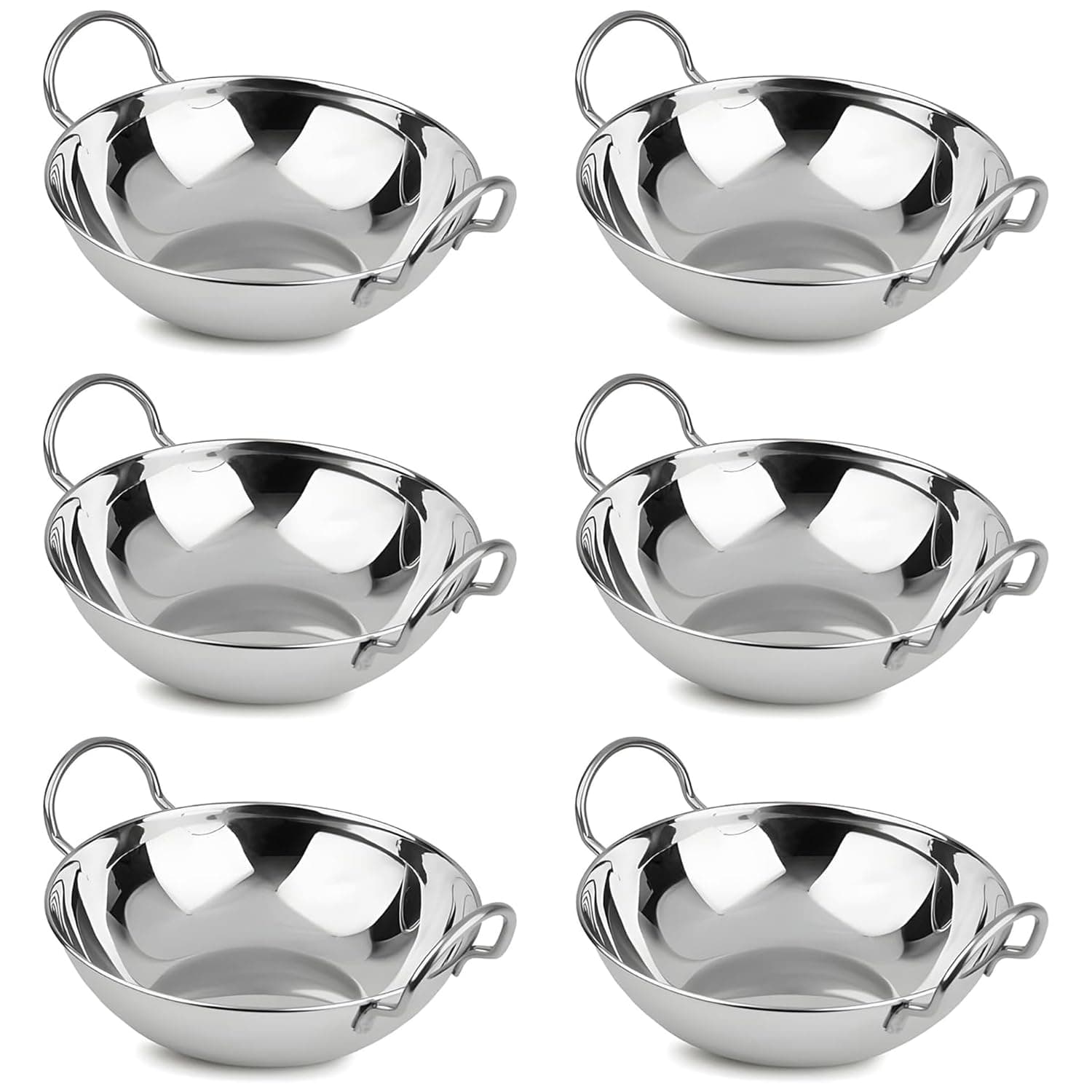 Set of 6 - Stainless Steel Balti Dishes Karahi Curry Deep Serving Indian Dishes Bowls with Handle - 20cm