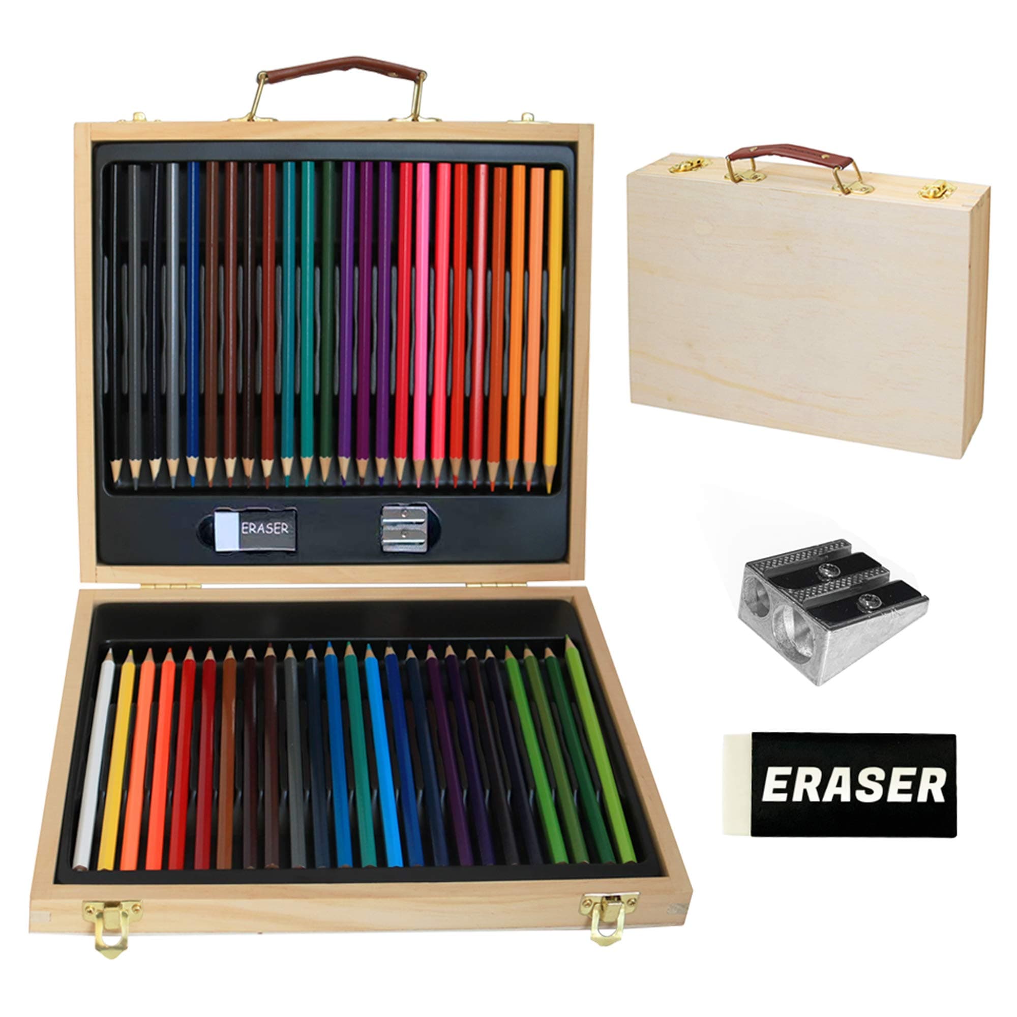 LUCYCAZ Colored Pencils, 48 Coloring Pencils in Wood Box with Double Hole Sharpener and Rubber for Drawing and Coloring