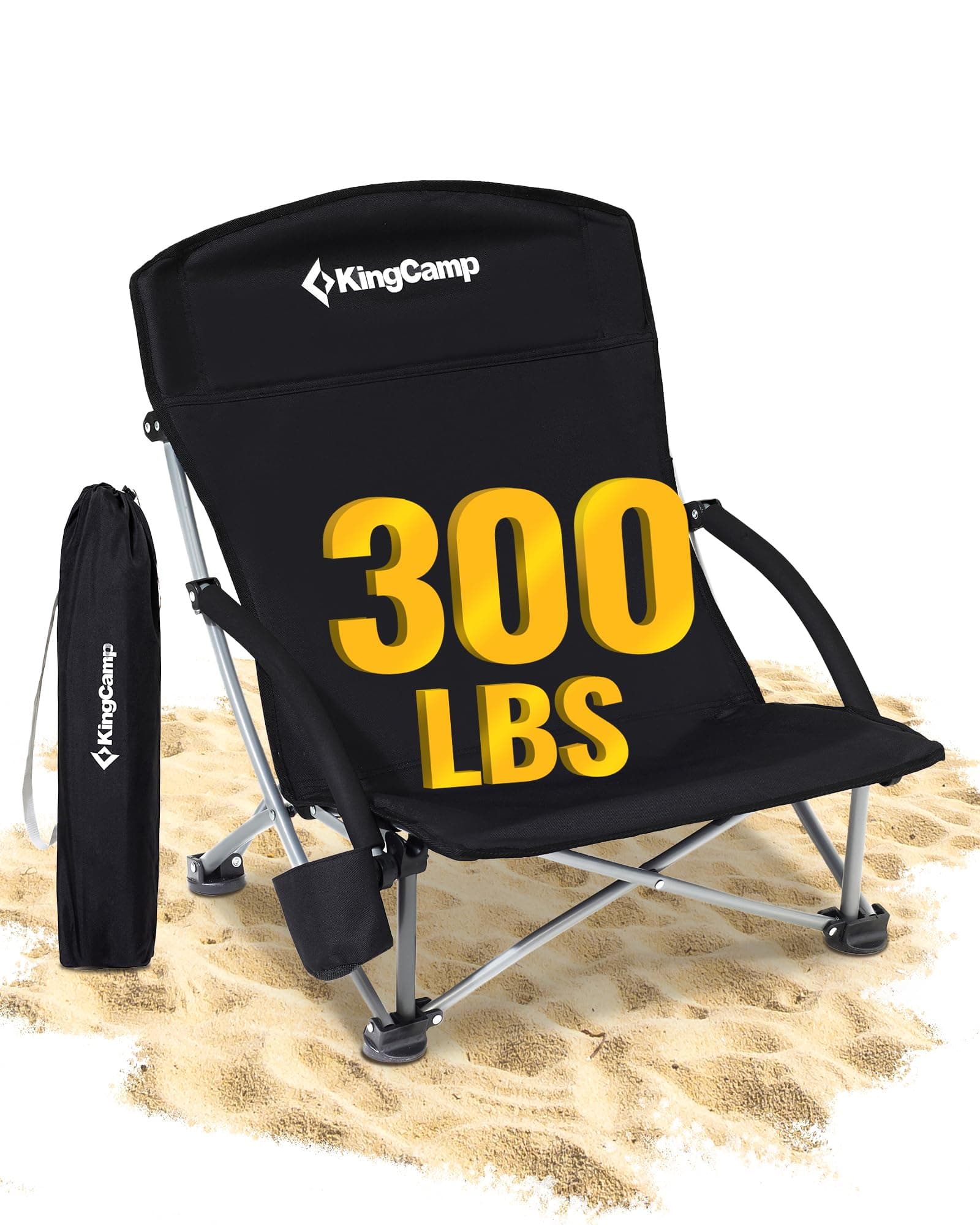 KingCamp Low Beach Chairs for Adults Folding Portable Lightweight Lawn Chair Heavy Duty Oversized Camping Chair with Cup Holder Carry Bag for Outdoor Picnic Pool Concert Travel Black