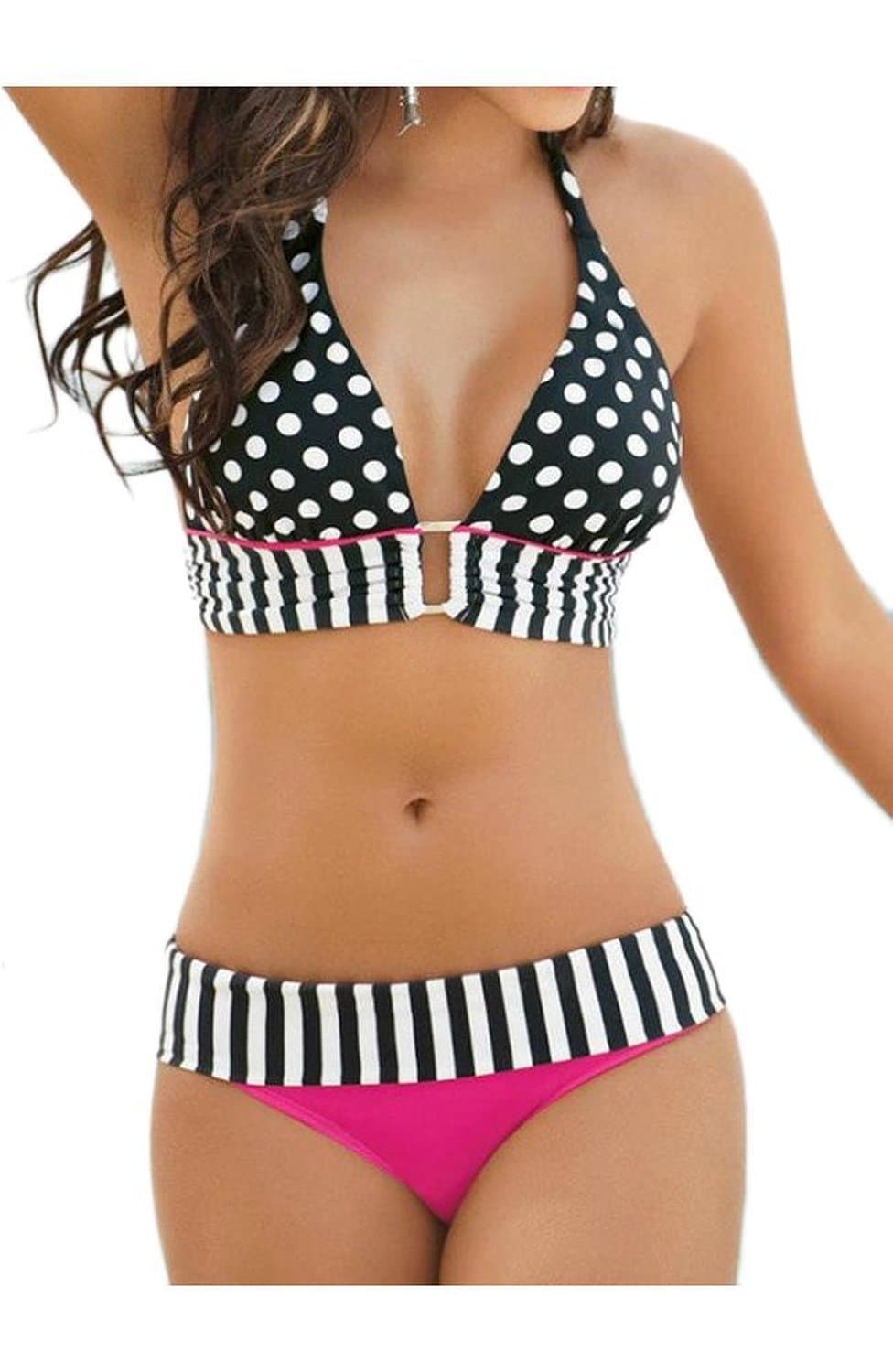 Sexy Padded Bandeau Bikini 2pcs Set Trikini Push up Stripped Swimsuit (S)