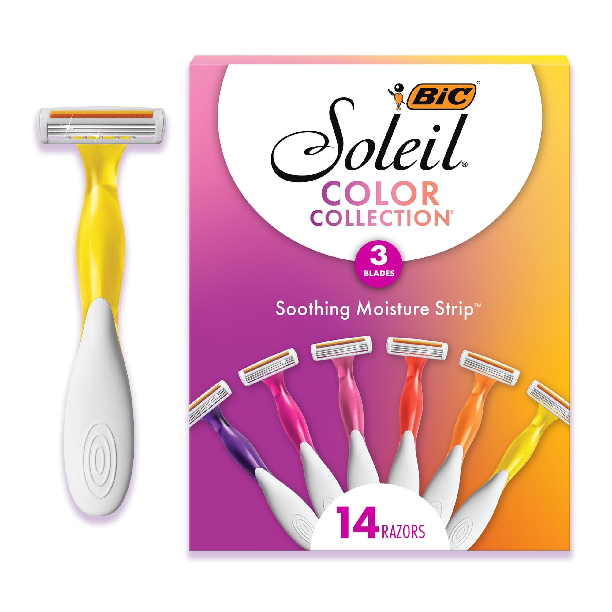 Soleil 3 Colors Women's Disposable 3-Blade Razors, With Aloe Vera and Vitamin E Strip, 14-Pack