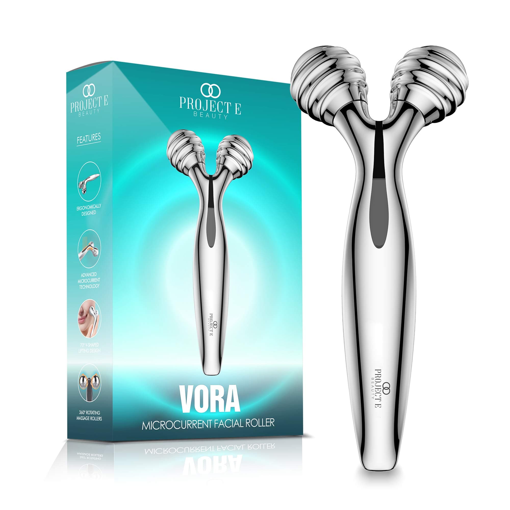 VORA Microcurrent Facial Roller by Project E Beauty | 3D Face & Body Massager | Instant Face Lift & V-Shape | Collagen Boost | Tightens Skin | Anti-Aging | Roller Tightens Skin | Solar Powered