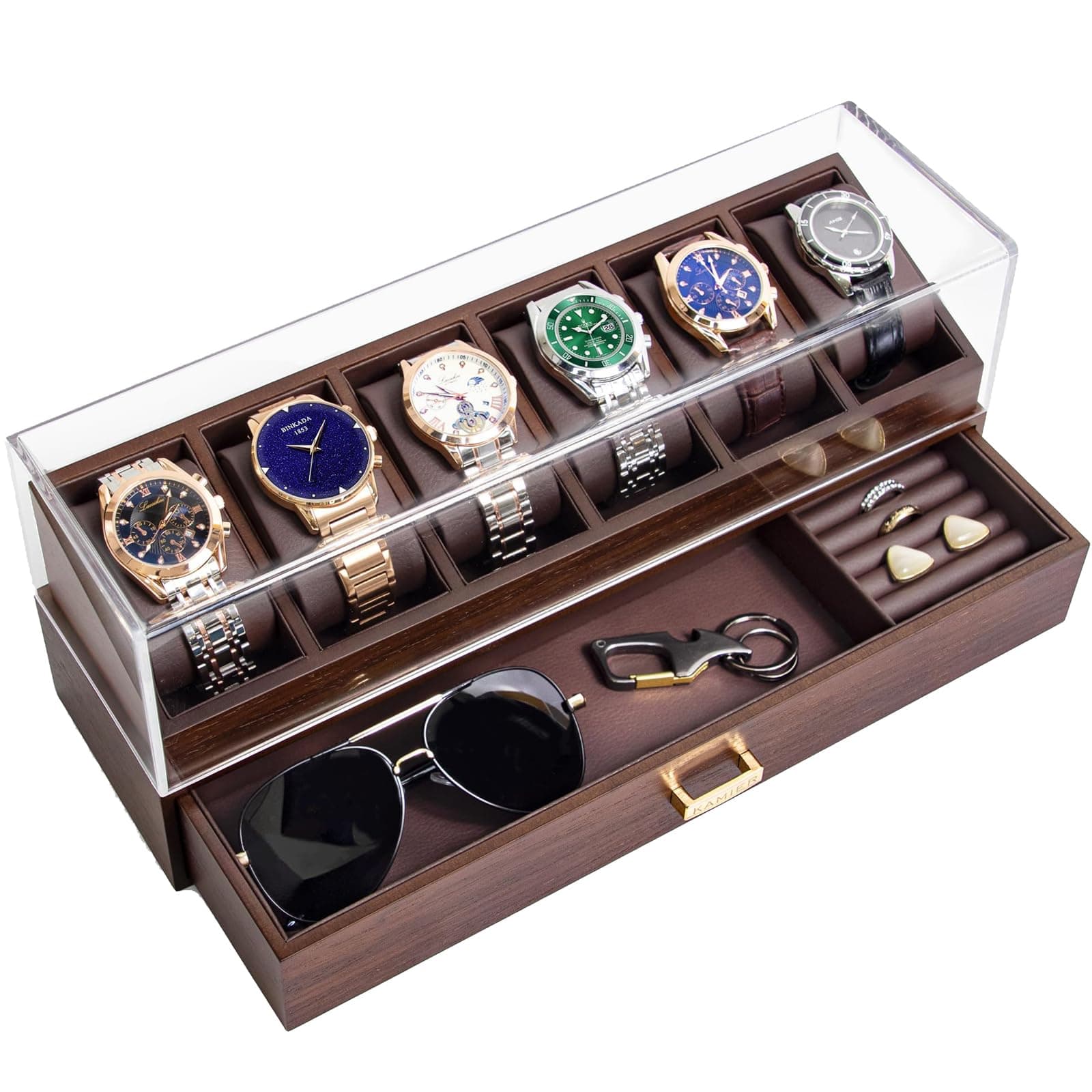 KAMIER High End Wooden Watch Box with 6 Slots & Glass Lid - 2-Layer Jewelry Organizer for Men - Watch Display Case, Ideal Business Gift for Watch Enthusiasts （with Gift Box）, Walnut