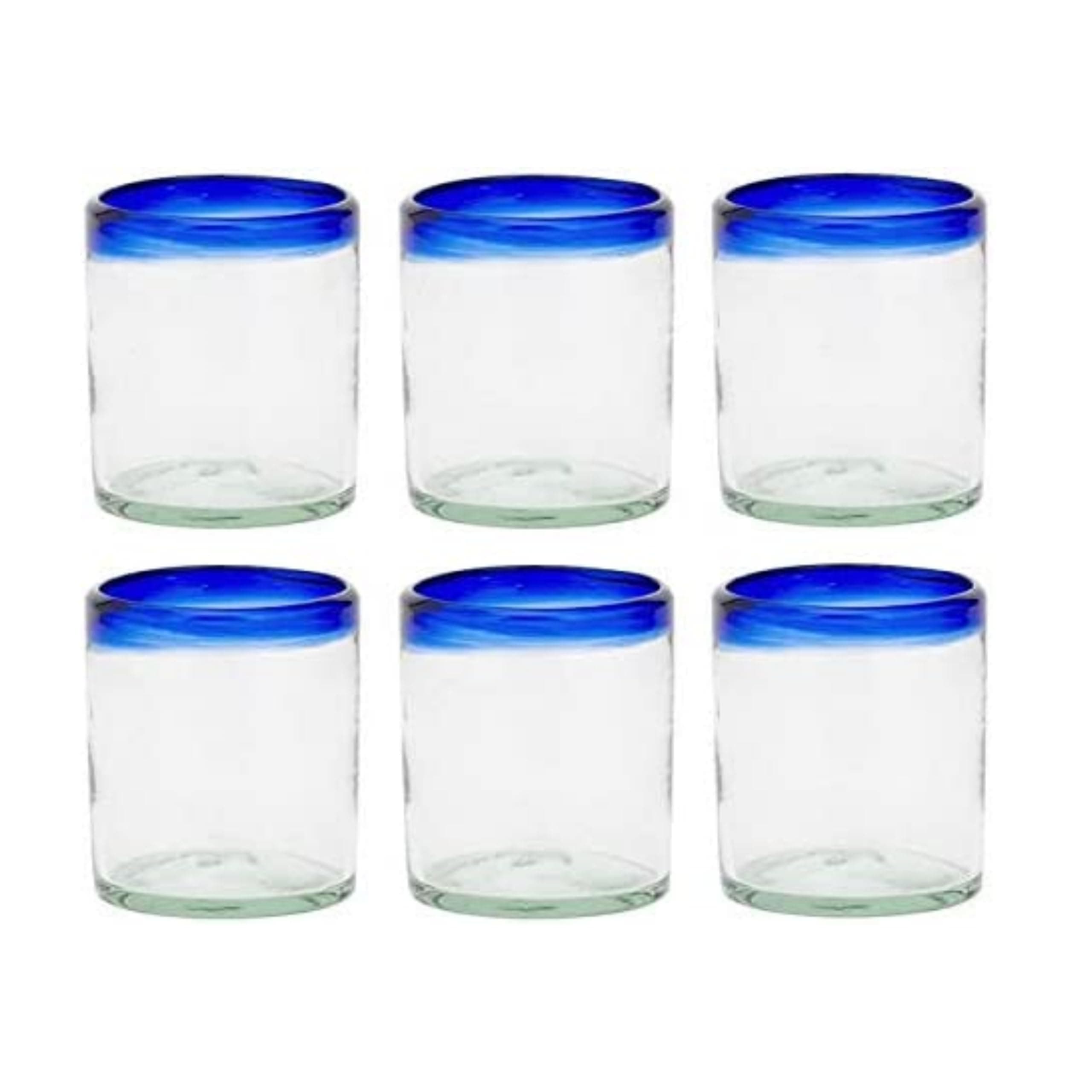 Amici Home Blue Rim Double Old Fashioned Glass | Set of 6 | Authentic Mexican Handmade Glassware | Lowball Bar Glasses for Bourbon, Whiskey, Cocktails | 12 Oz