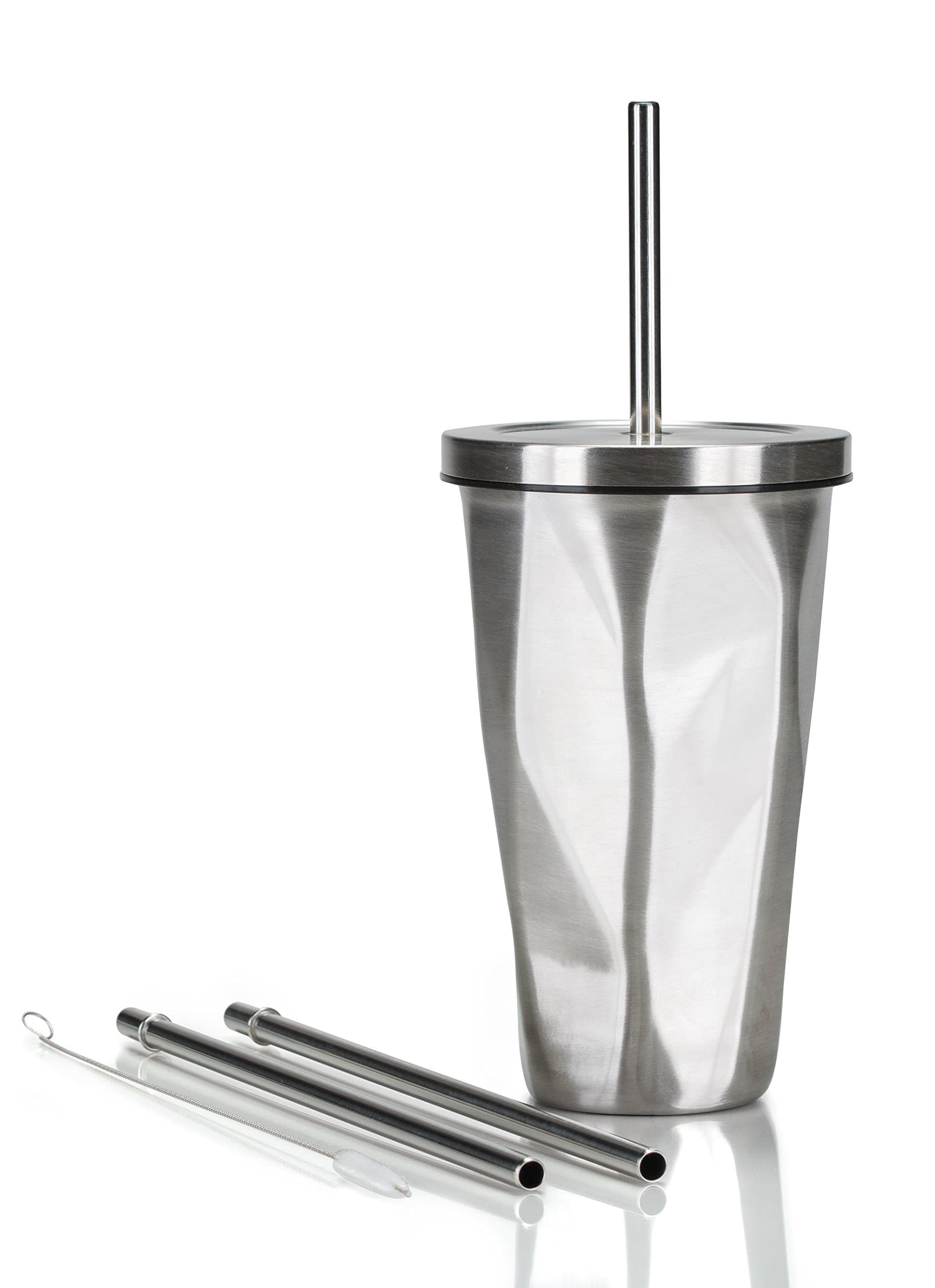Stainless Steel Tumbler with Straw - Premium Travel Mug with Insulated Double Wall Chiseled Design and Vacuum Sealed Lid - Keep Drinks Cold and Prevent Spills - Includes Three Straws