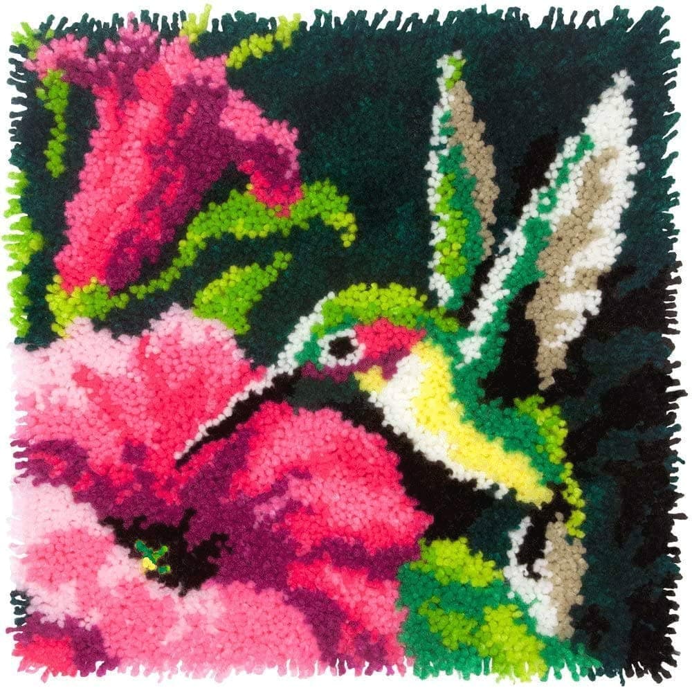 Colorful Hummingbird Latch Hook Craft Kit, 16'' X 16'' Tapestry Kits Latch Hook Rug Kits Carpet Embroidery Needlework DIY Rugs Hook Rug