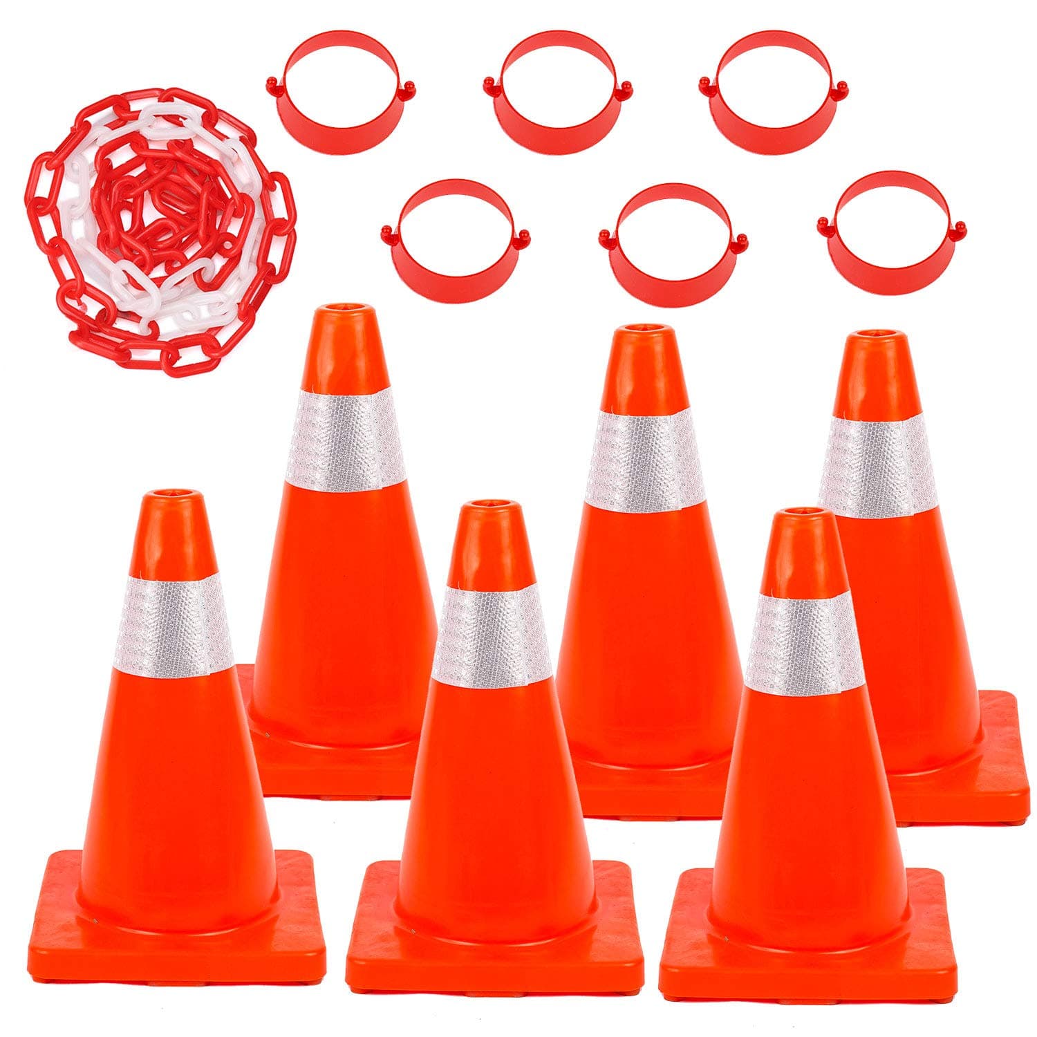BATTIFE 6Pack 18inch Traffic Safety Cones with Reflective Collars PVC Unbreakable Orange Construction Cone with 32 feet Chain and 6pcs Connector Kits for Home Road Driveway Parking