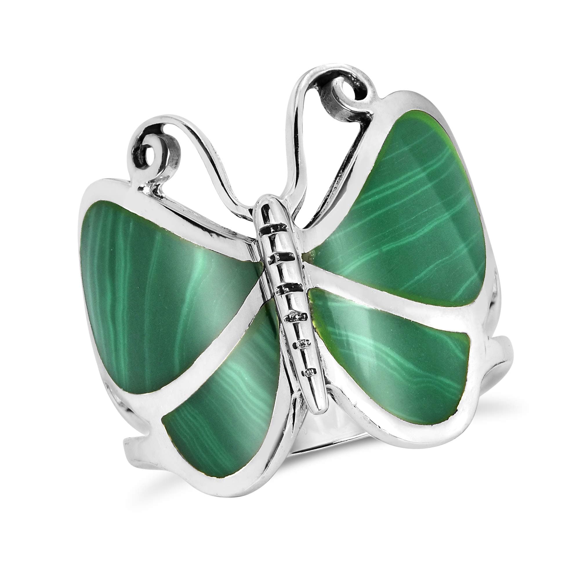 AeraVida Captivating Butterfly Motif Green Malachite Statement .925 Sterling Silver Ring