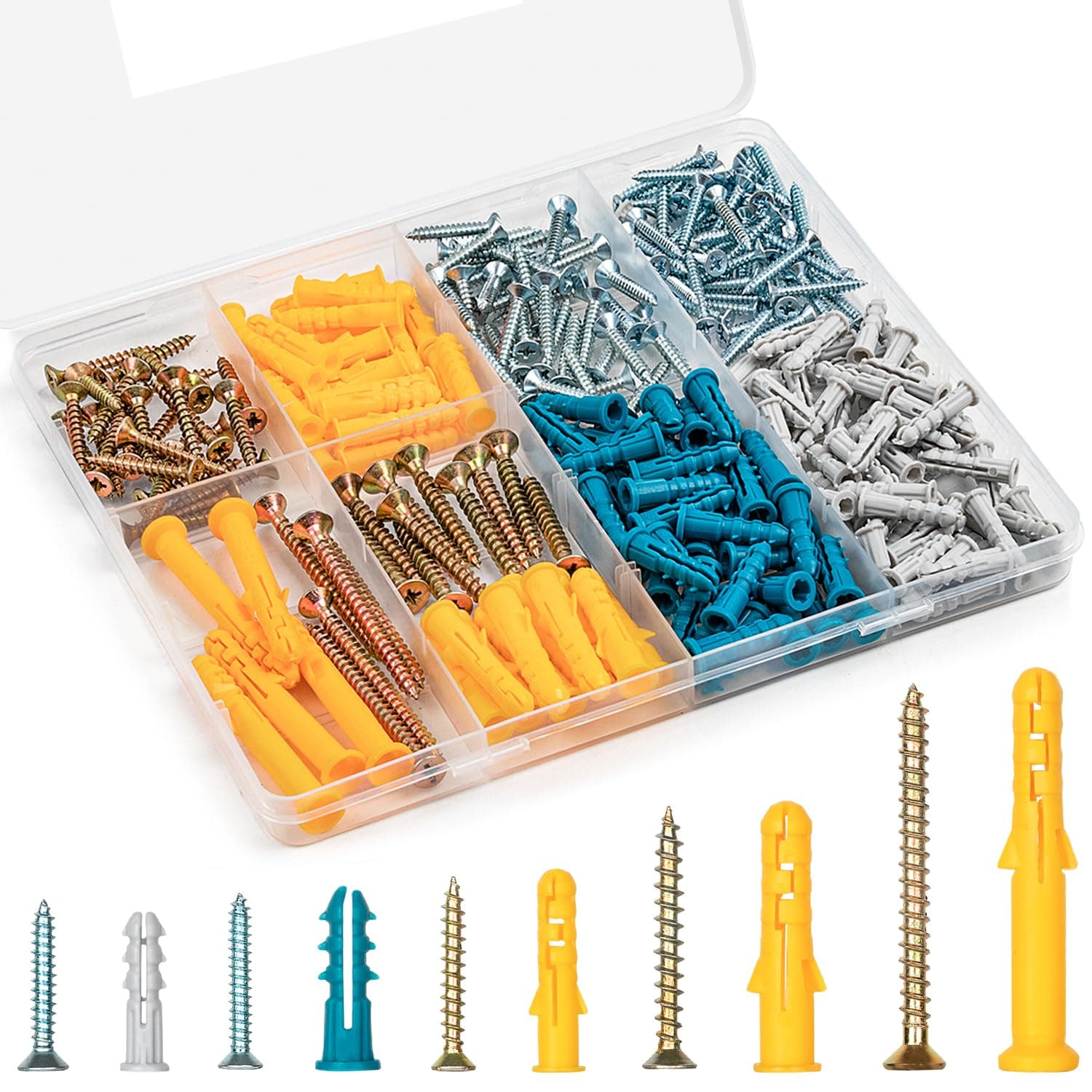 KURUI Drywall Anchors and Screws Assortment Kit 270PCS, 135 Plastic Dry Wall Expansion Anchors and 135 Philips Flat Head Wood Screws, 5 Sizes Wall Hanging Kit for Art Decor, Replaces Picture Nails.