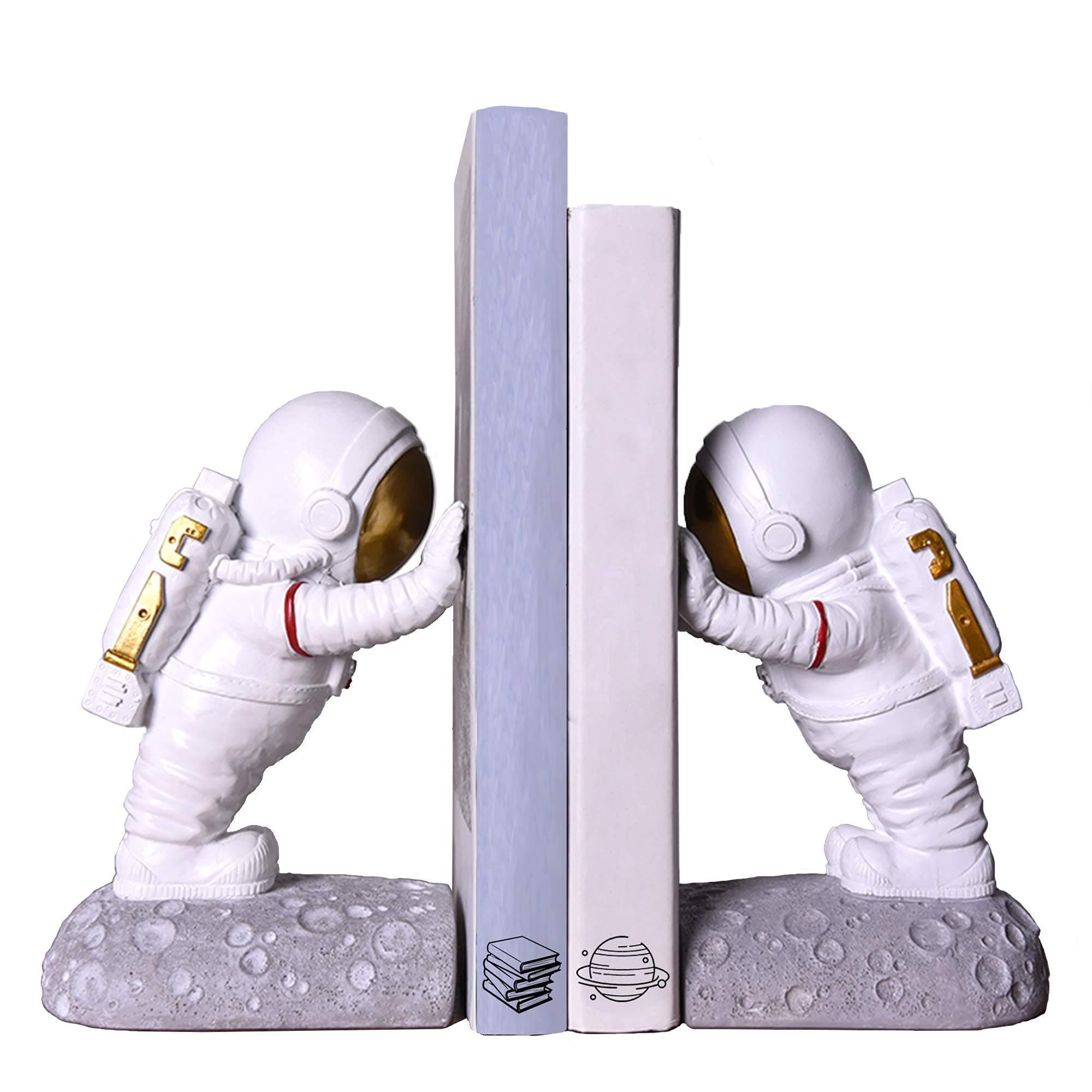 Astronaut Bookends - Space Decor for Kids Rooms & Home Office - Heavy Duty Book Holders with Anti-Slip Base - Cool Unique Design (Gold)