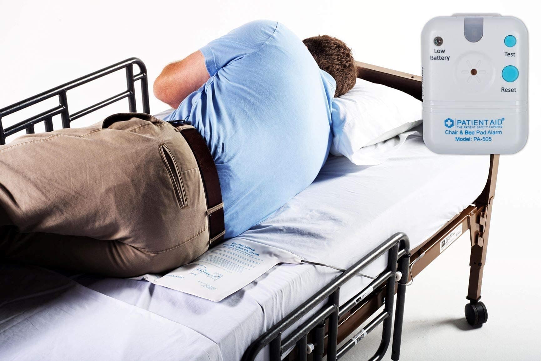 Patient Aid Bed Alarm with 10" x 30" Motion Sensor Pad and Wired Device, Various Ring Sound and Mounting Options, AC Adapter and Battery Powered Wandering and Fall Prevention for Elderly