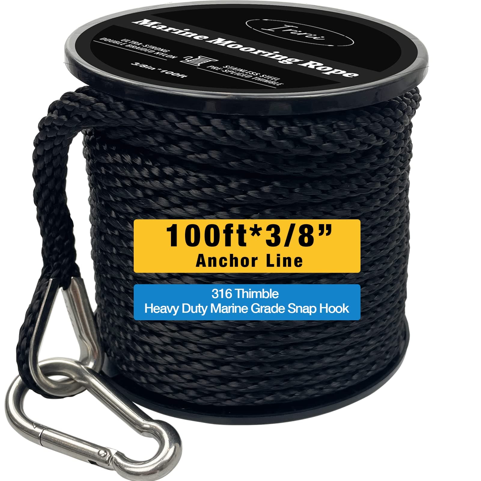 Iririi 100 FT Double Braided Nylon Boat Anchor Rope 3/8inch with 316 Stainless Steel Thimble and Heavy Duty Snap Hook Marine Grade Anchor line Black