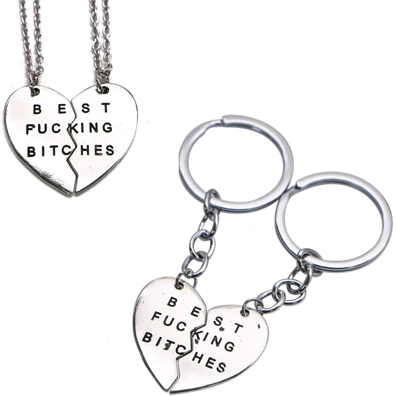 WSSROGY 2 in 1 Set Best Friend GIF Silver Best Fucking Bitches Split Puzzle Broken Heart Pendant Couple Keychain and Necklace Set