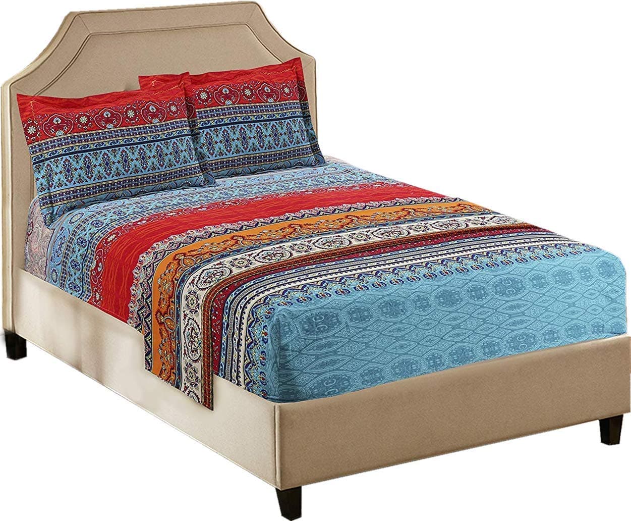 LELVAQueen 4 Piece Bohemian Bed Sheet Set 100% Cotton - Fitted Sheet, Top Flat Sheet and 2 Pillowcases Soft and Breathable