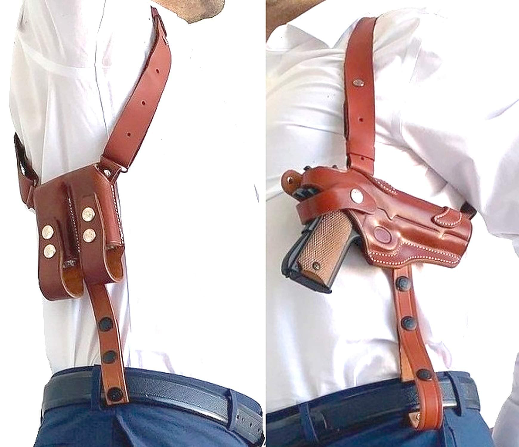 1911 Leather Shoulder Holster for Concealed Carry | Right-Handed Rig, Adjustable Straps & Dual Mag Pouch | Bullhide Leather, Handcrafted (Fits Colt, Kimber, Sig Sauer, Ruger w/o Picatinny Rail)
