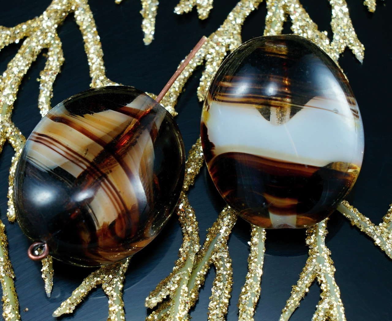 Large Picasso Brown White Striped Czech Glass Oval Beads Focal Pendant 25mm x 21mm 2pcs