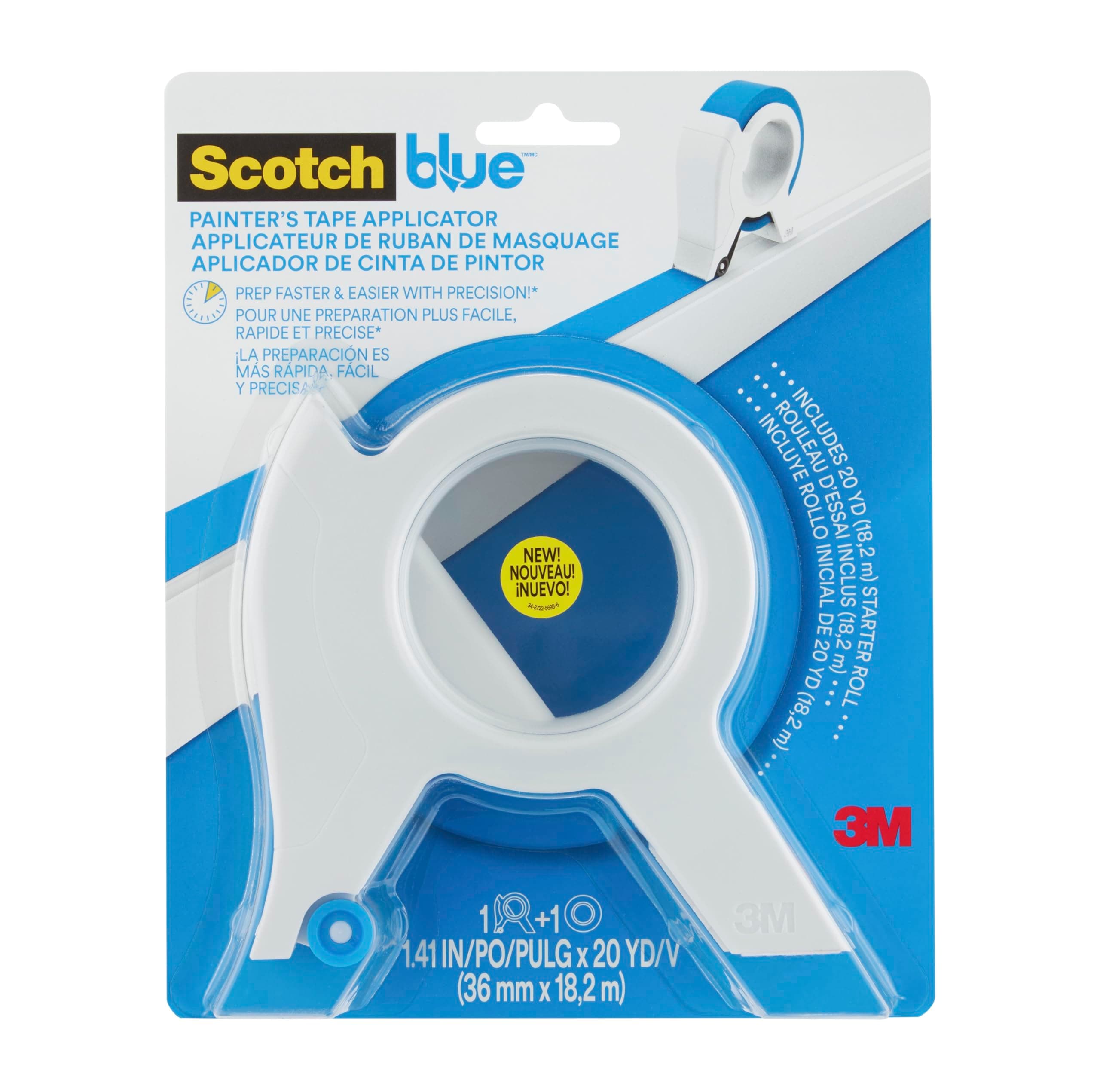ScotchBlue Masking Tape Applicator with 1 Roll (36mm x 18.2m) - Multi-Surface Painter’s Tape with Easy-Grip Tool for Precise Application on Trim, Skirting Boards, Windows & Door Frames