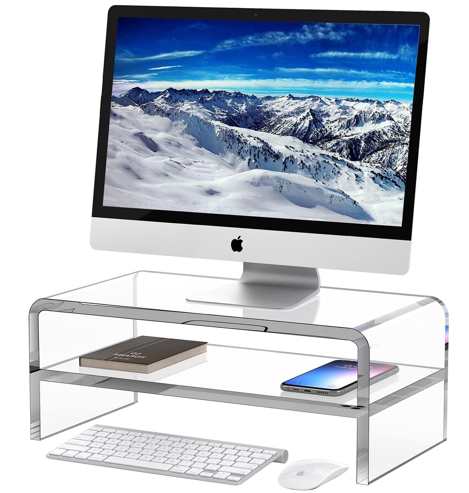 Egchi Acrylic Monitor Stand, 2 Tiers Clear Monitor Riser Computer Stand for Office, Home, Office, 5.12 Inches Hight PC Desk Stand for Keyboard Storage, Premium Platform for Laptop Printer TV Screen