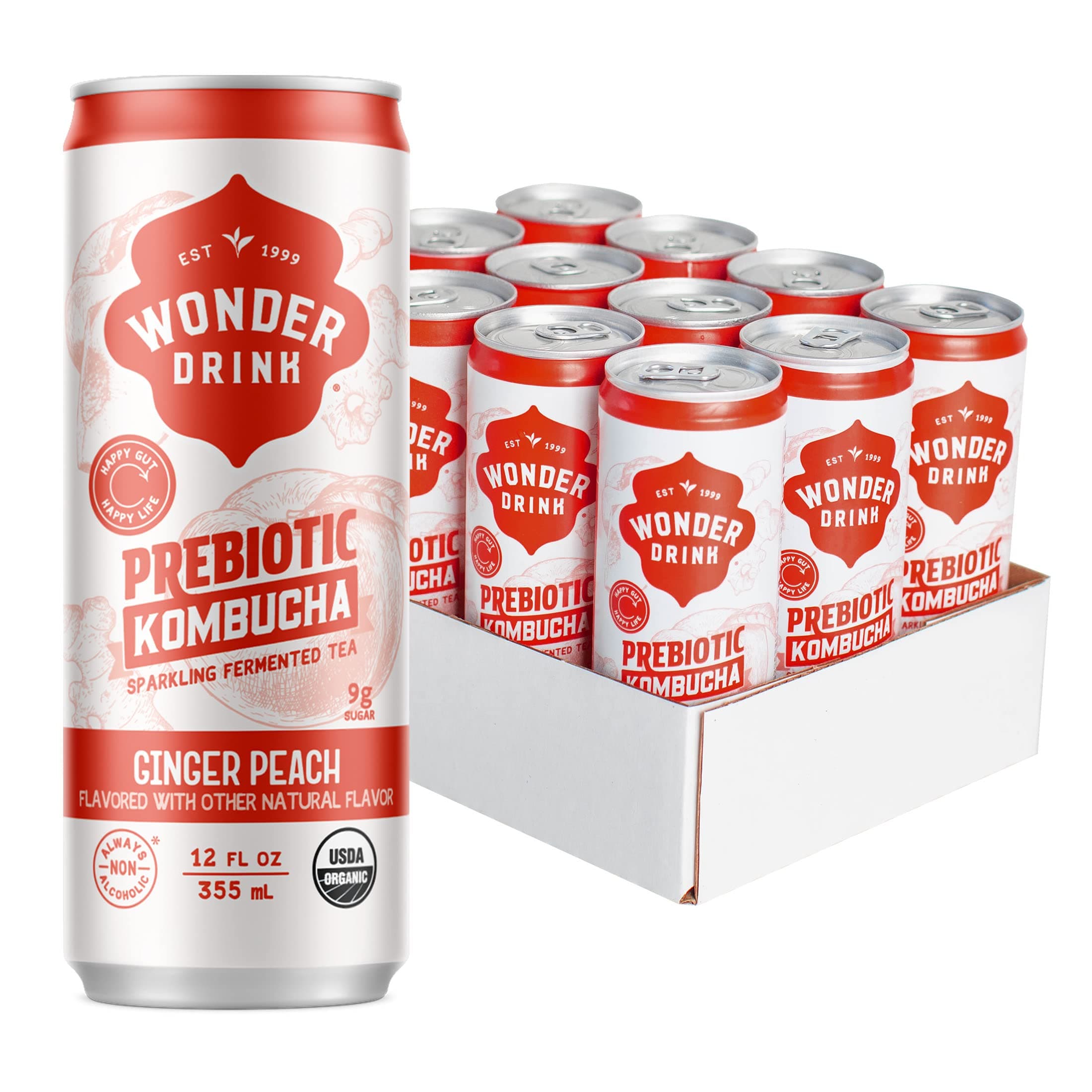 Wonder Drink Organic Kombucha Plant-Based Prebiotic Gut Health Sparkling Fermented Tea Low Calorie & Low Sugar Soda Alternative, Digestive Health Benefits, Non-Alcoholic Ginger Peach, 12oz Pack of 12