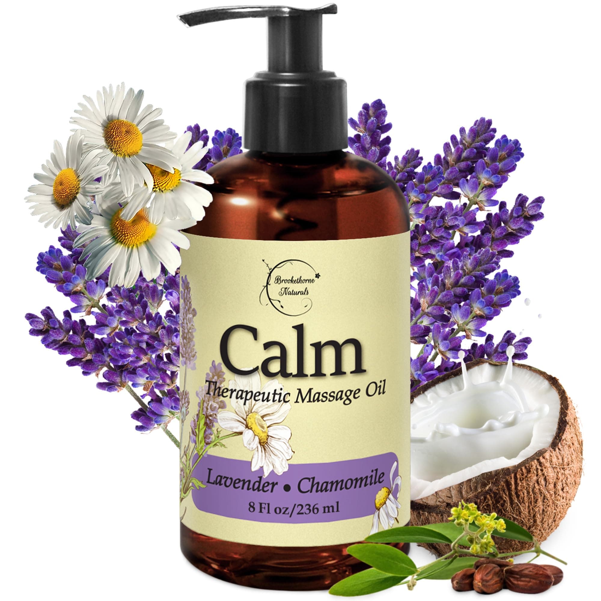 Calm Massage Oil for Massage Therapy with Lavender & Chamomile Essential Oils to Relax Sore Muscles | All Natural with Coconut, Grapeseed & Jojoba for Smooth Skin | Brookethorne Naturals 8oz