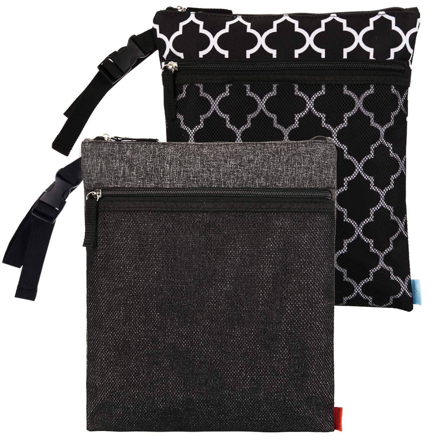 UtoteBag 2pcs Wet Dry Bag for Baby Cloth Diapers Wet Bag with Adjustable Handle & 2 Zip Pockets (Reusable, Water-Resistant, Washable)