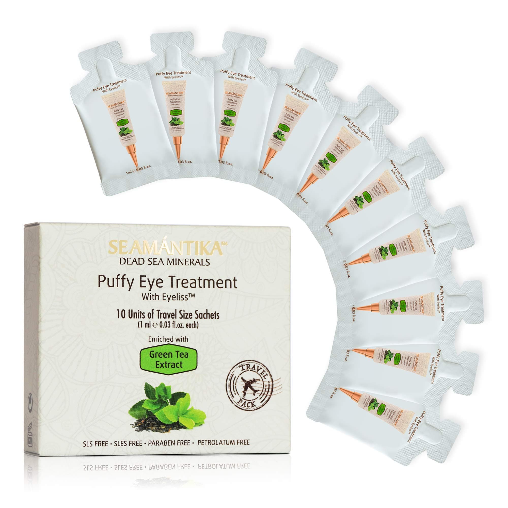 PUFFY EYE CREAM - Instant results – 10 Units Of Travel Size Sachets, Reduction Eye Cream, Eliminate Puffiness and Bags – Hydrating Eye Cream w/Green Tea Extract By SEAMANTIKA