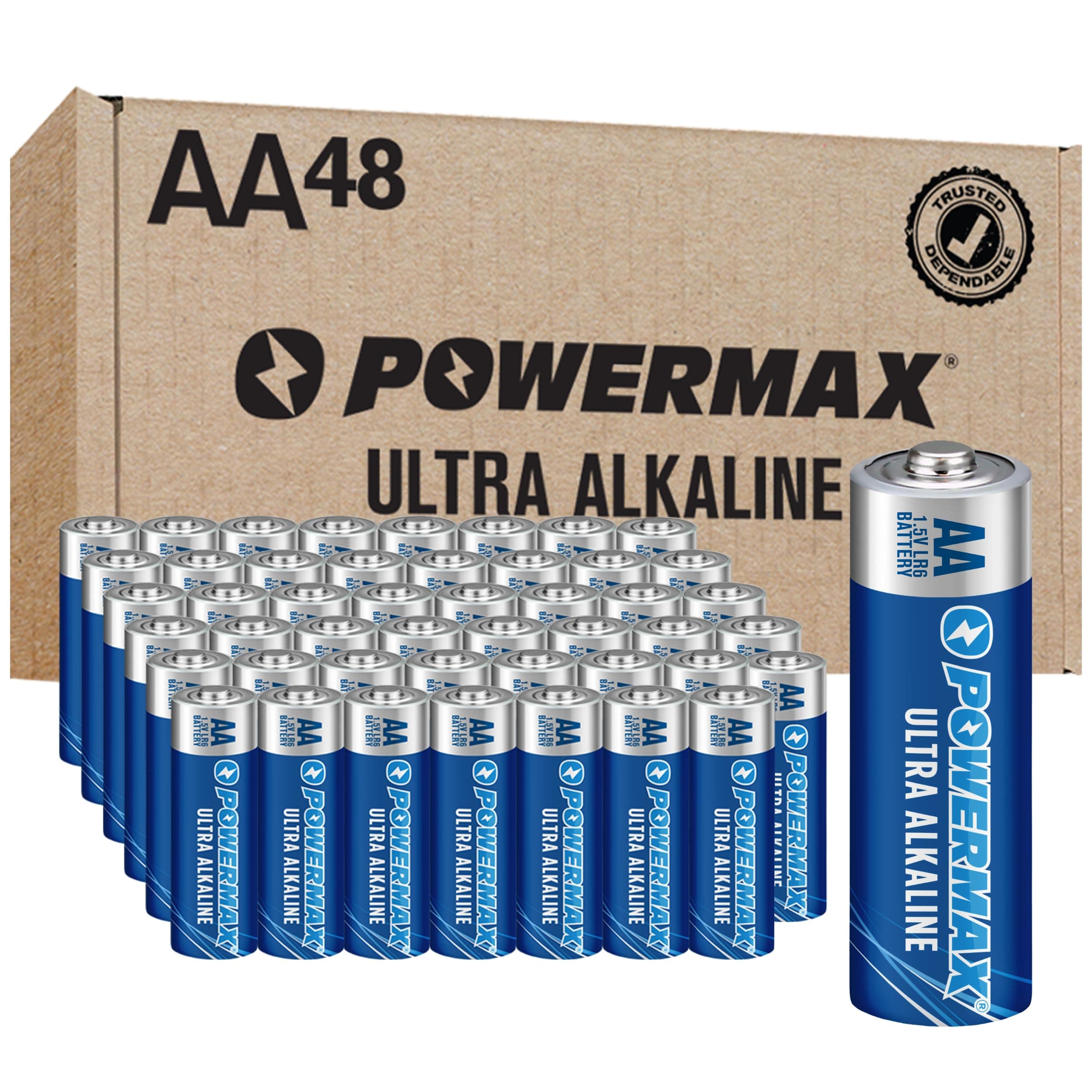 48-Count AA Batteries, Ultra Long Lasting Alkaline Battery, 10-Year Shelf Life, Reclosable Packaging