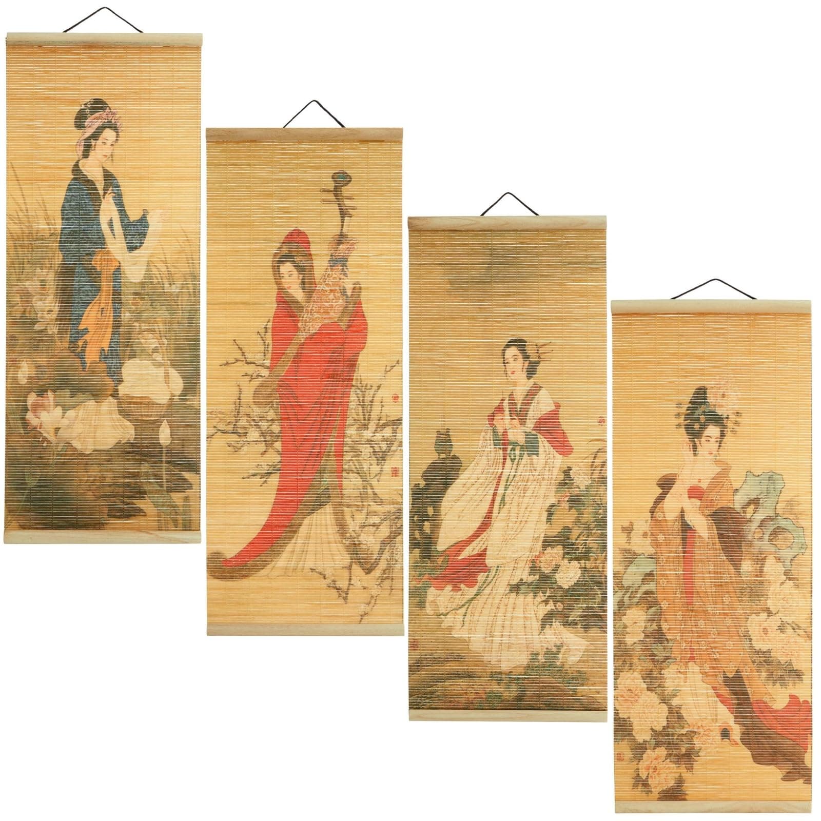 Juvale Asian Wall Decor, 4 Pack Hanging Bamboo Scrolls, Chinese Paintings (10x26 in)