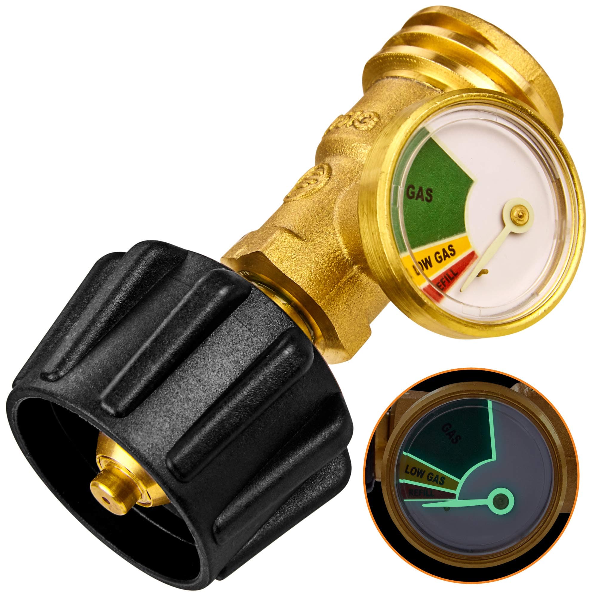 Propane Tank Gauge Level Indicator Leak Detector Gas Pressure Meter Color Coded & Glow in the Dark Universal for Cylinder, BBQ Gas Grill, RV Camper, Heater and More Appliances, Brass